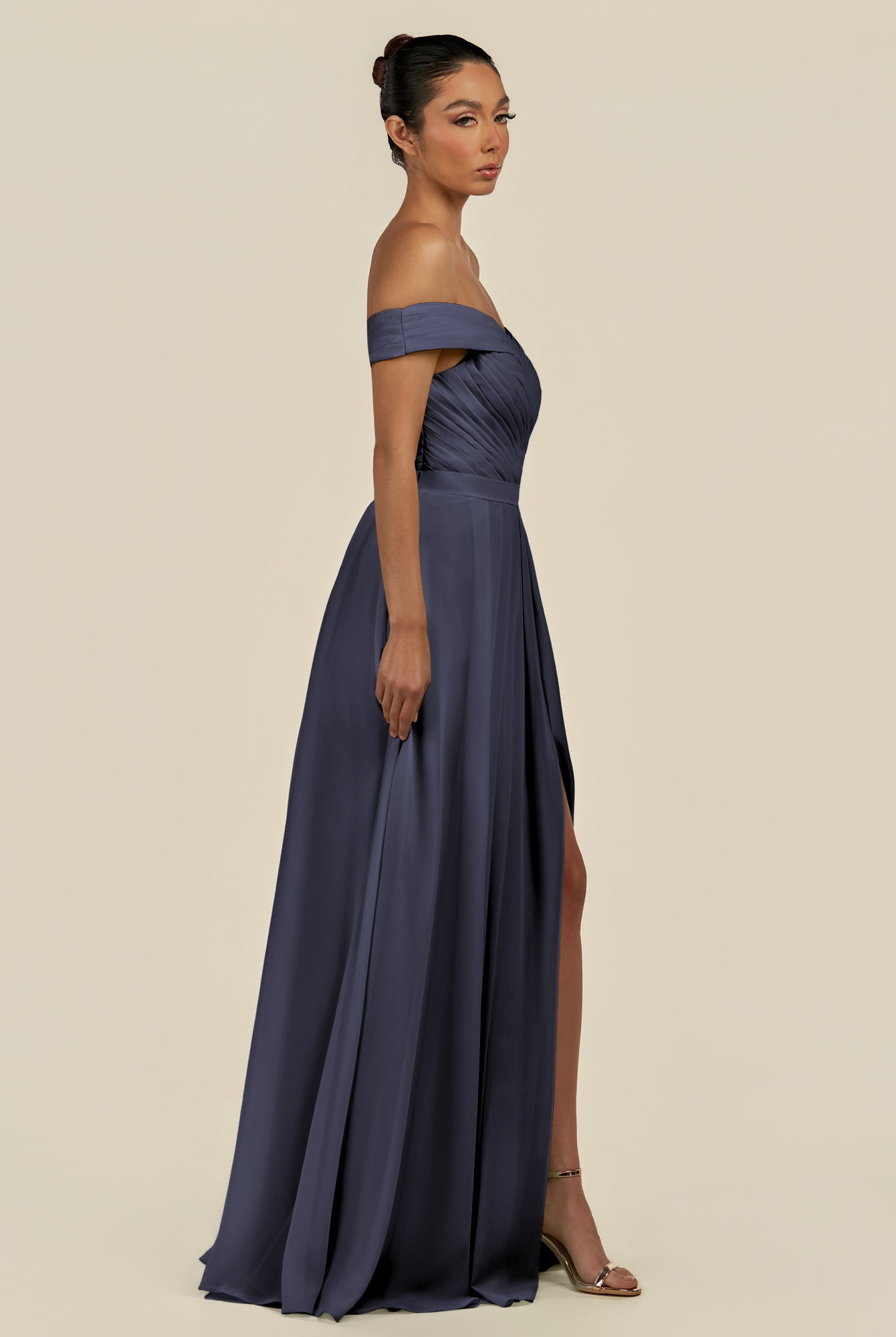 KissDress-Lurina Dusk Blue A Line Chiffon Off the Shoulder Pleated Long Bridesmaid Dress with Slit