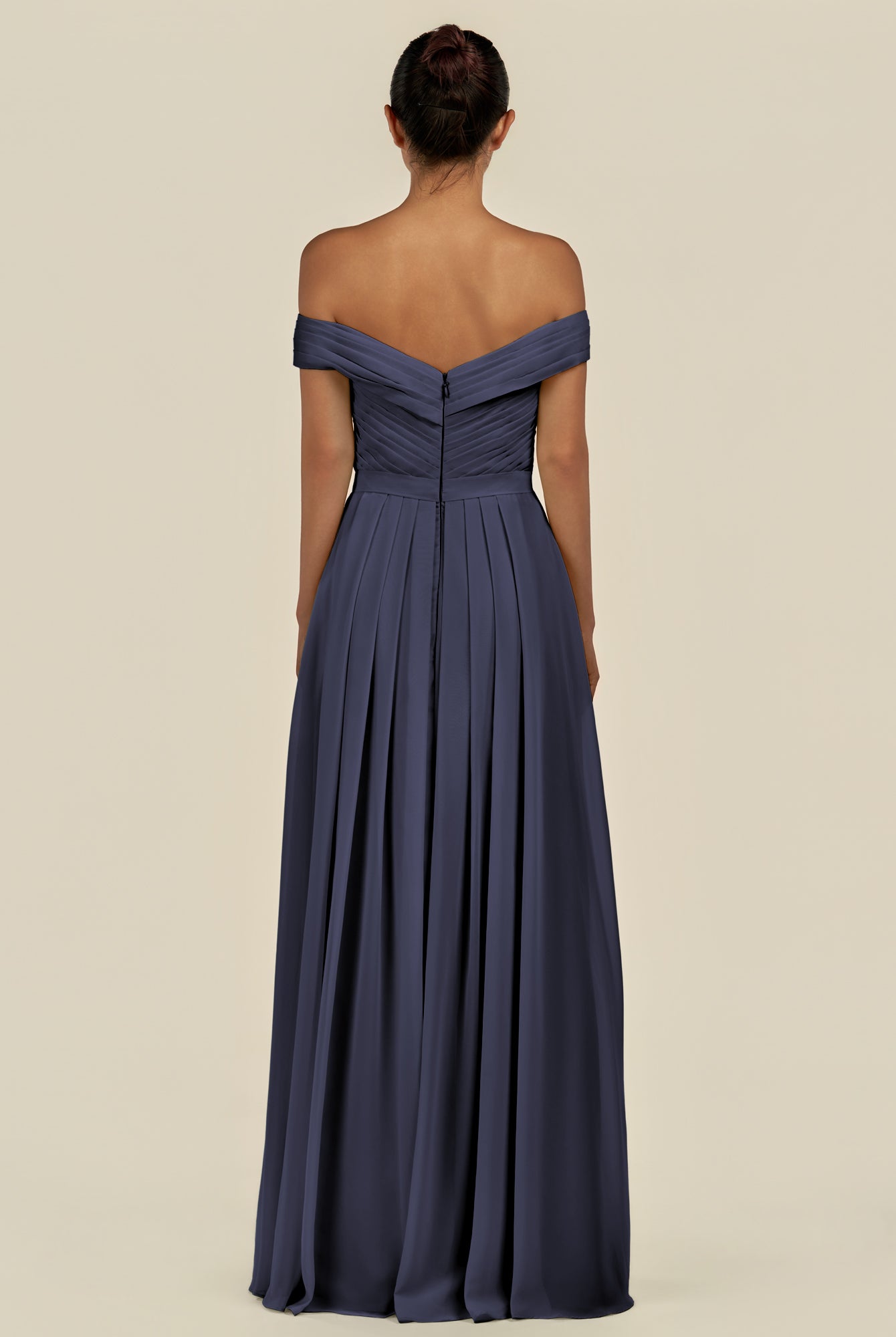 KissDress-Lurina Dusk Blue A Line Chiffon Off the Shoulder Pleated Long Bridesmaid Dress with Slit
