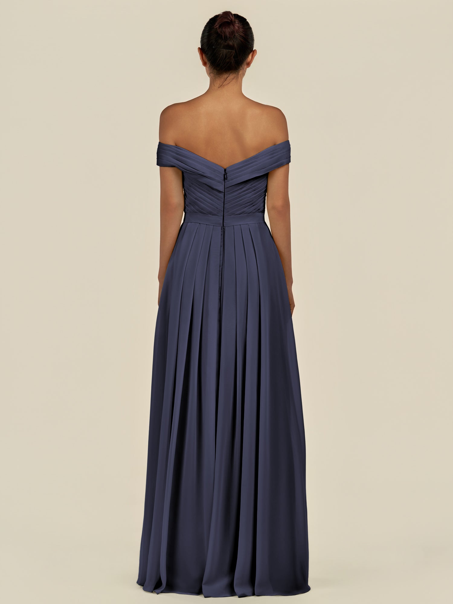 KissDress-Lurina Dusk Blue A Line Chiffon Off the Shoulder Pleated Long Bridesmaid Dress with Slit
