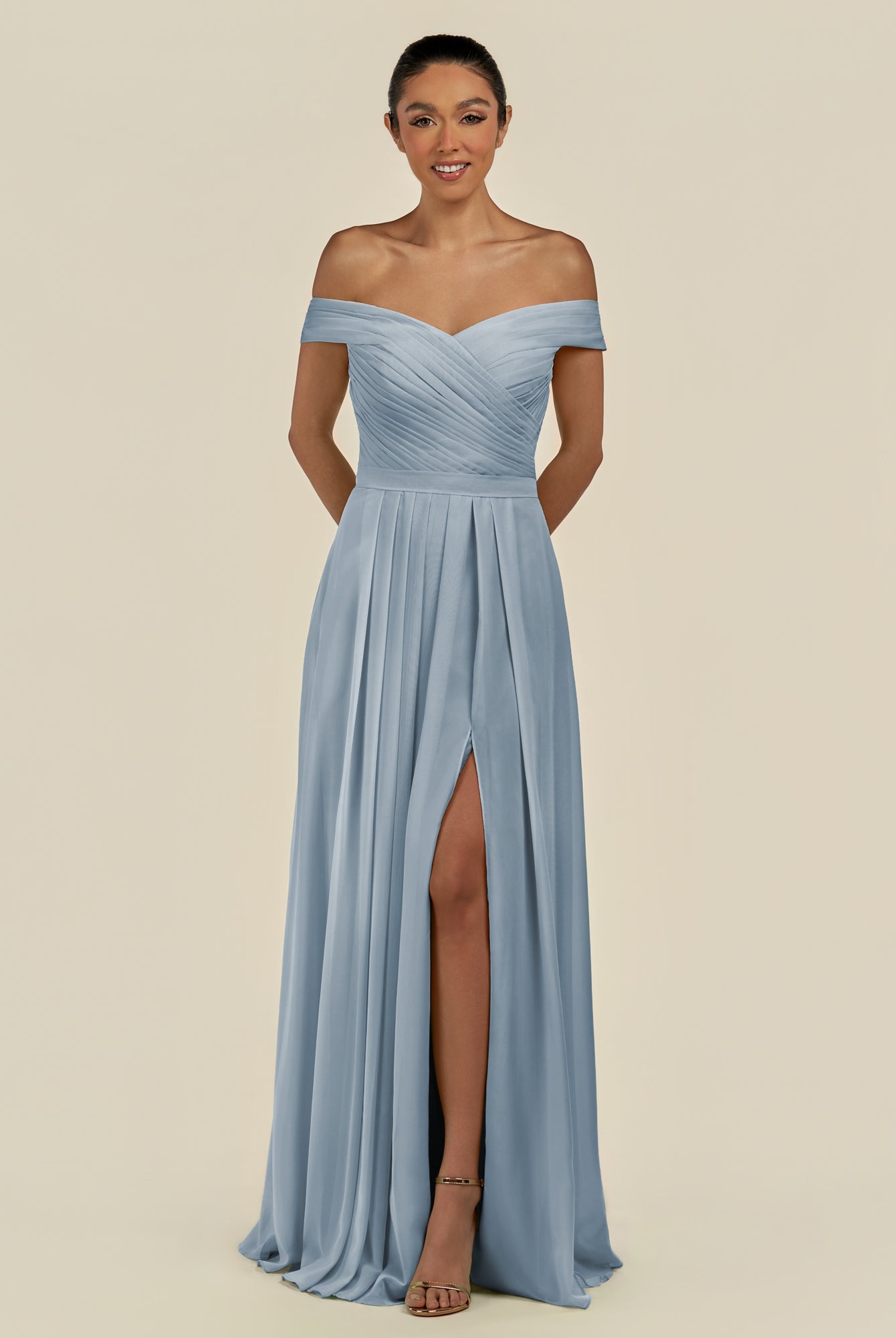KissDress-Lurina Dusty Blue A Line Chiffon Off the Shoulder Pleated Long Bridesmaid Dress with Slit