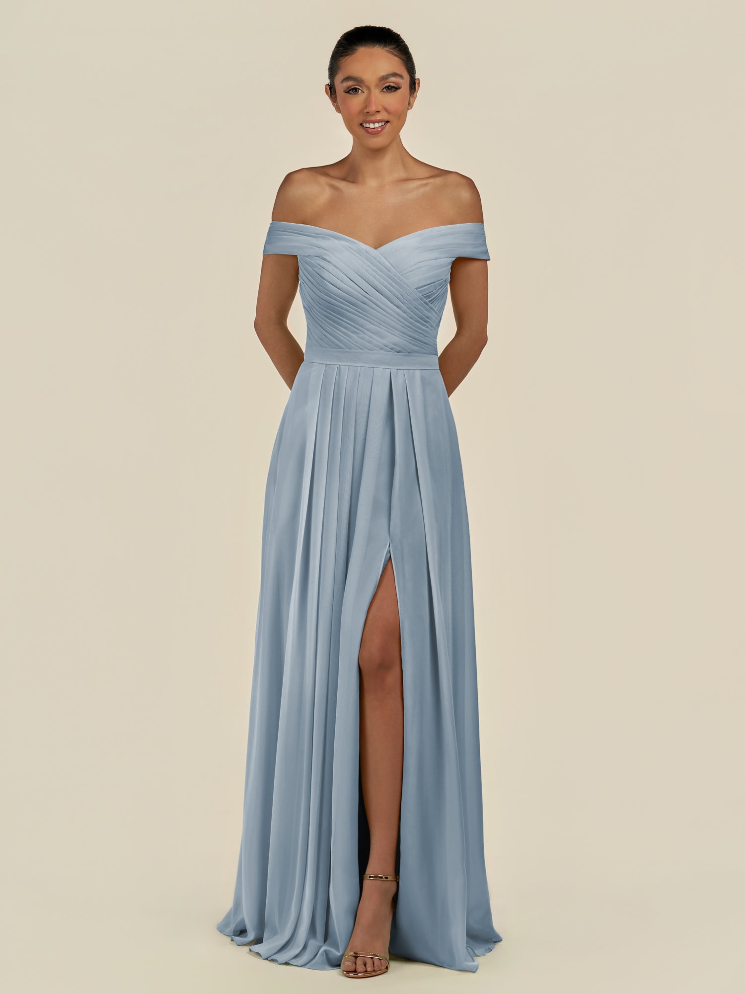 KissDress-Lurina Dusty Blue A Line Chiffon Off the Shoulder Pleated Long Bridesmaid Dress with Slit
