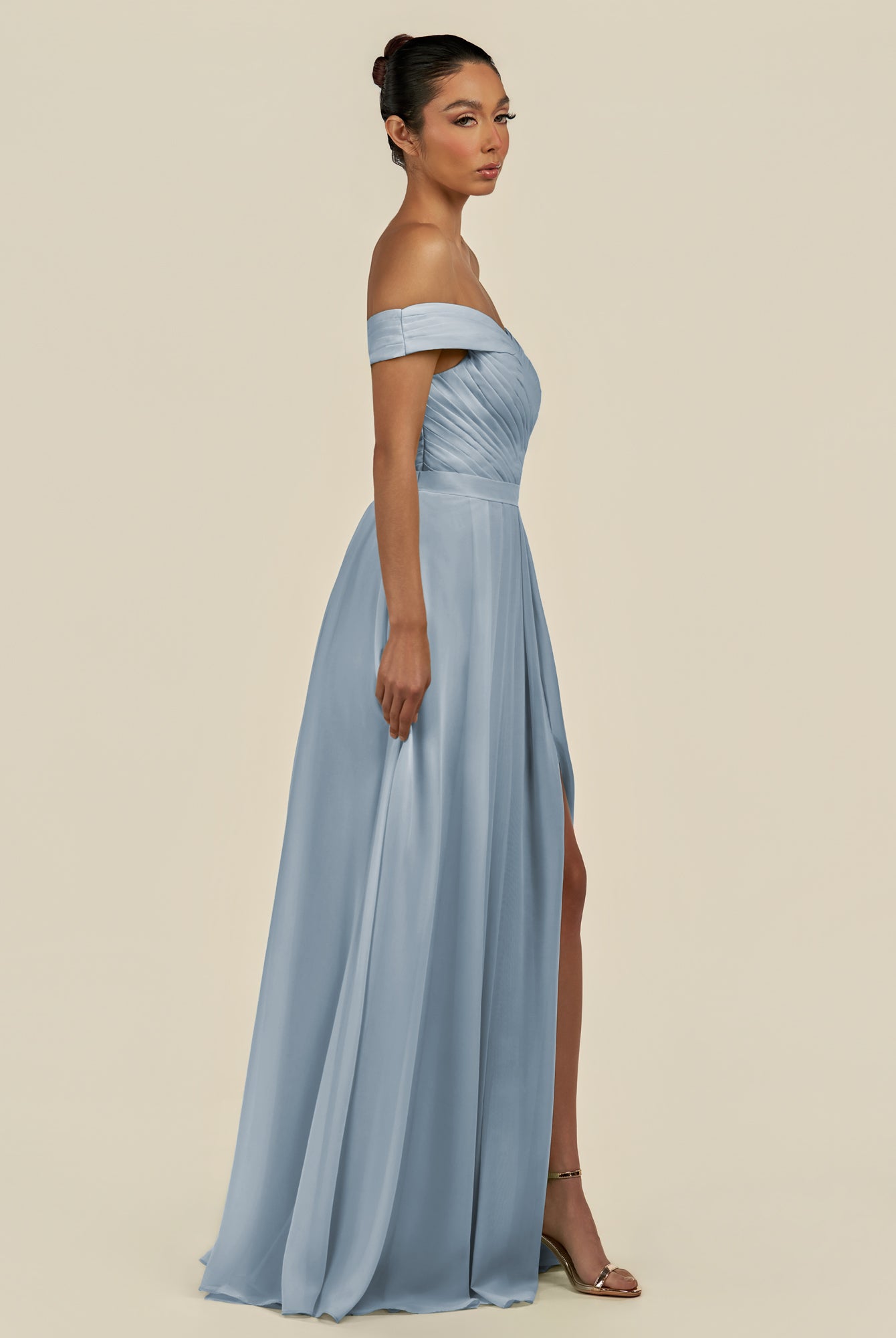 KissDress-Lurina Dusty Blue A Line Chiffon Off the Shoulder Pleated Long Bridesmaid Dress with Slit