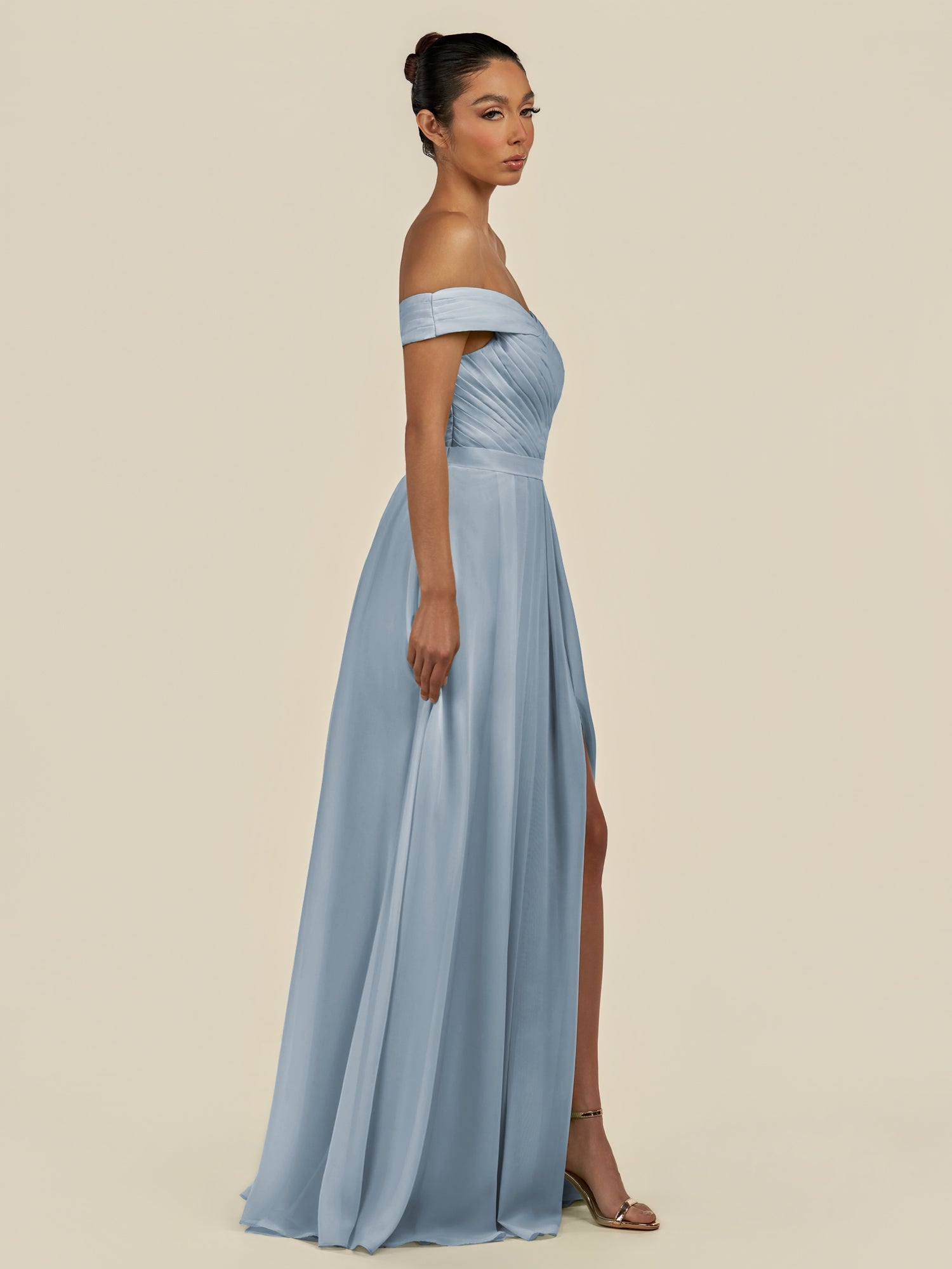 KissDress-Lurina Dusty Blue A Line Chiffon Off the Shoulder Pleated Long Bridesmaid Dress with Slit