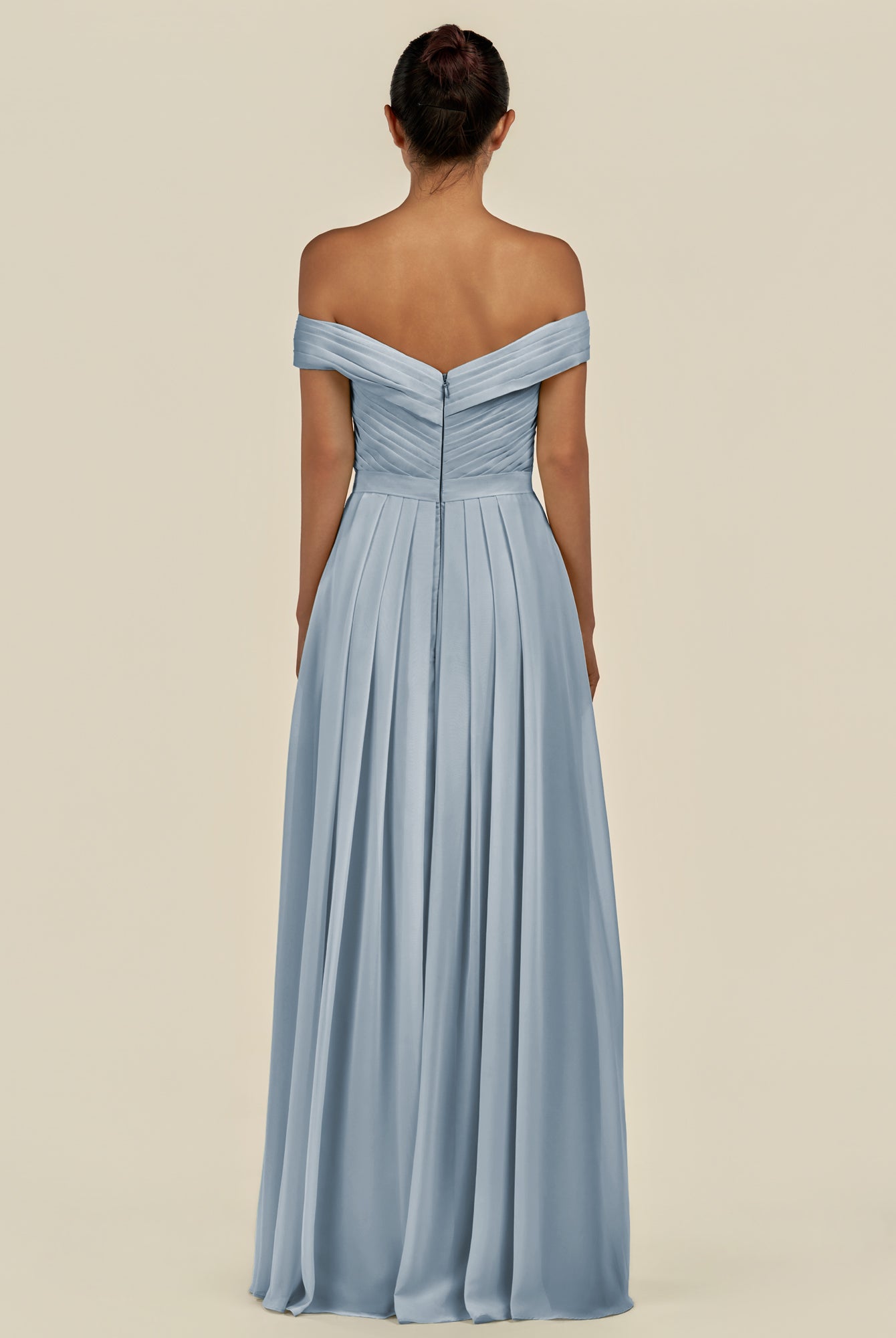 KissDress-Lurina Dusty Blue A Line Chiffon Off the Shoulder Pleated Long Bridesmaid Dress with Slit