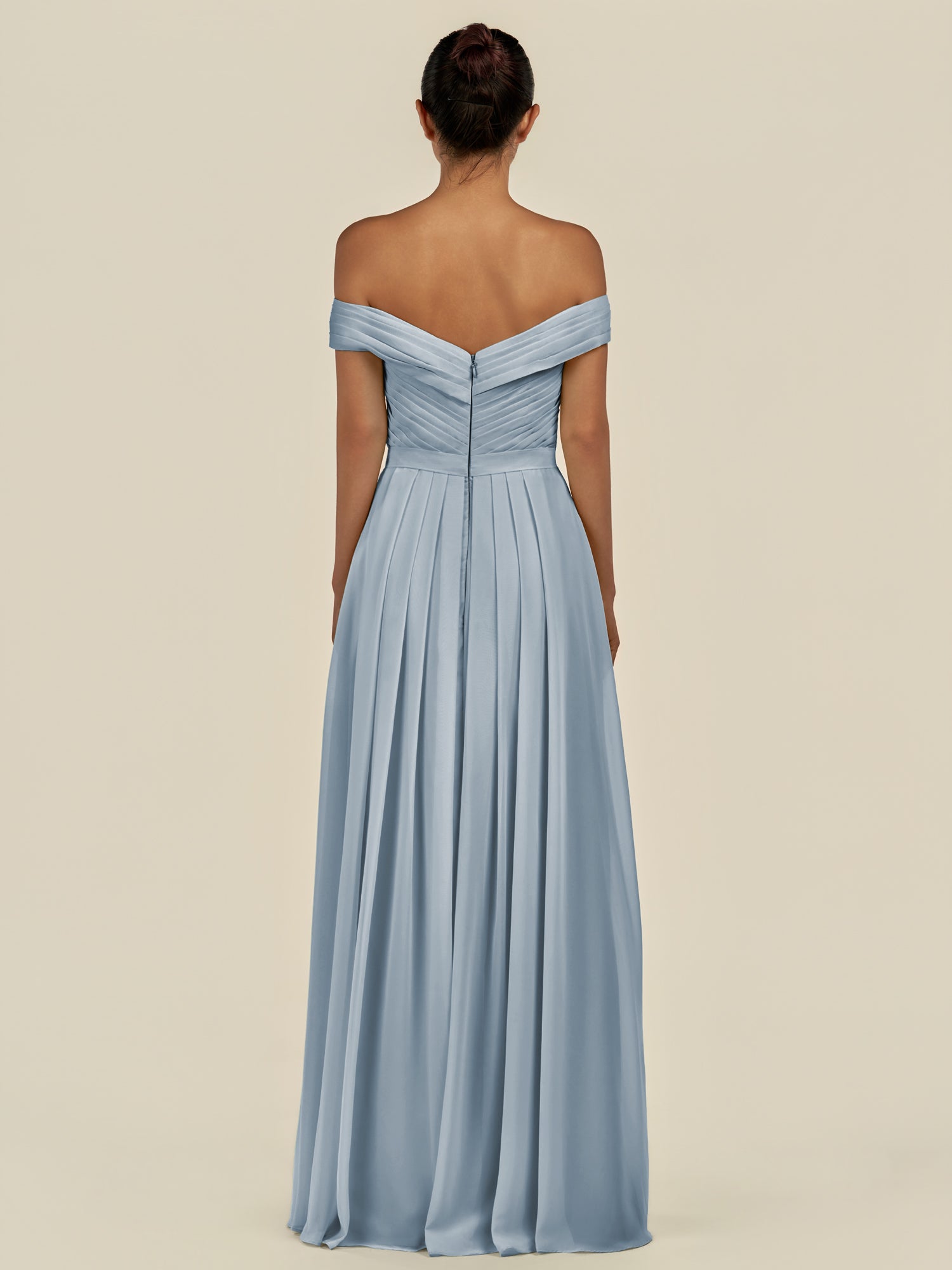 KissDress-Lurina Dusty Blue A Line Chiffon Off the Shoulder Pleated Long Bridesmaid Dress with Slit