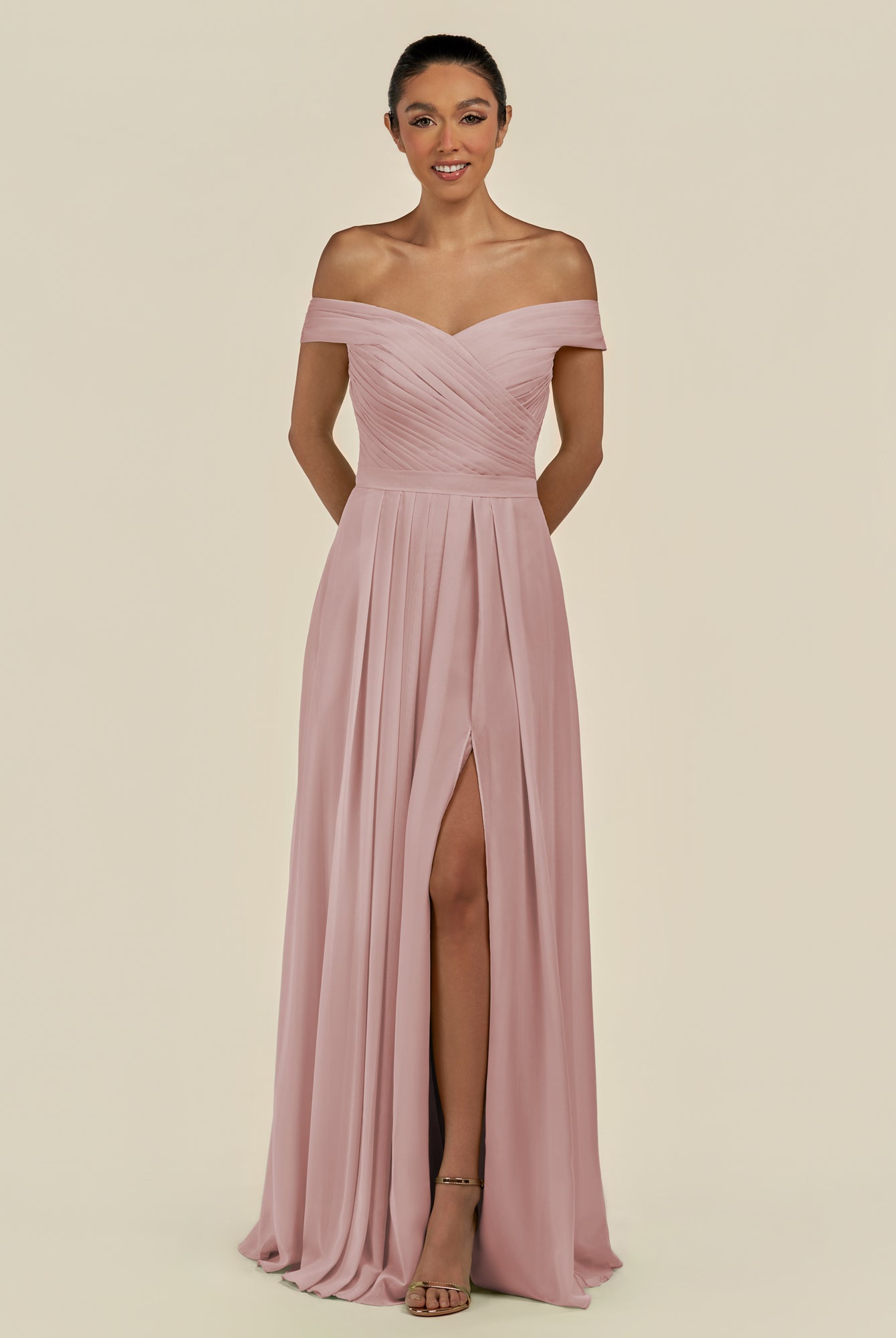 KissDress-Lurina Dusty Rose A Line Chiffon Off the Shoulder Pleated Long Bridesmaid Dress with Slit