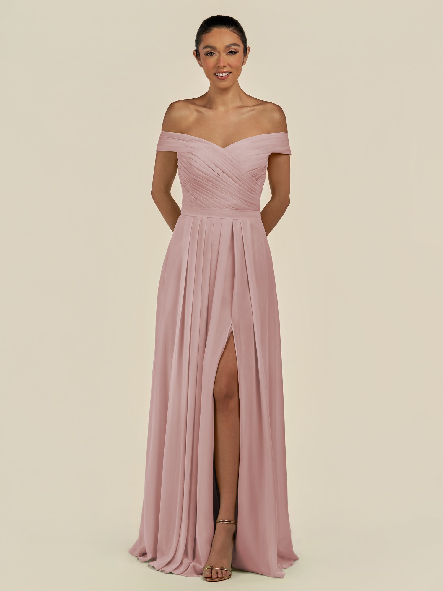 KissDress-Lurina Dusty Rose A Line Chiffon Off the Shoulder Pleated Long Bridesmaid Dress with Slit