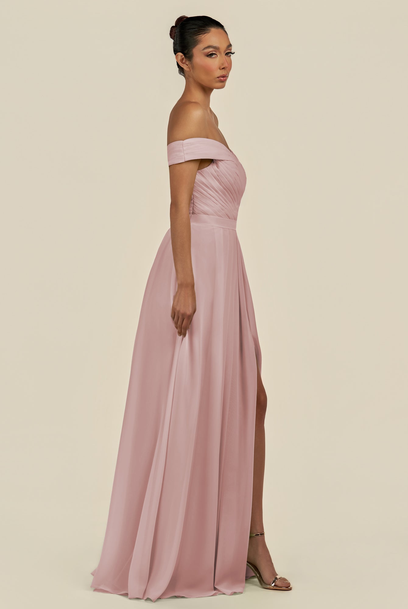 KissDress-Lurina Dusty Rose A Line Chiffon Off the Shoulder Pleated Long Bridesmaid Dress with Slit