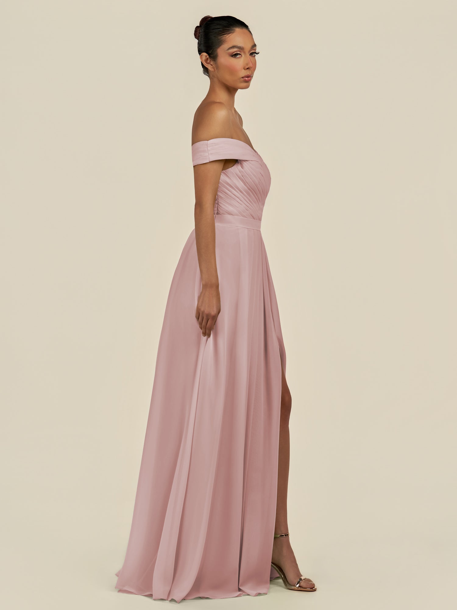 KissDress-Lurina Dusty Rose A Line Chiffon Off the Shoulder Pleated Long Bridesmaid Dress with Slit