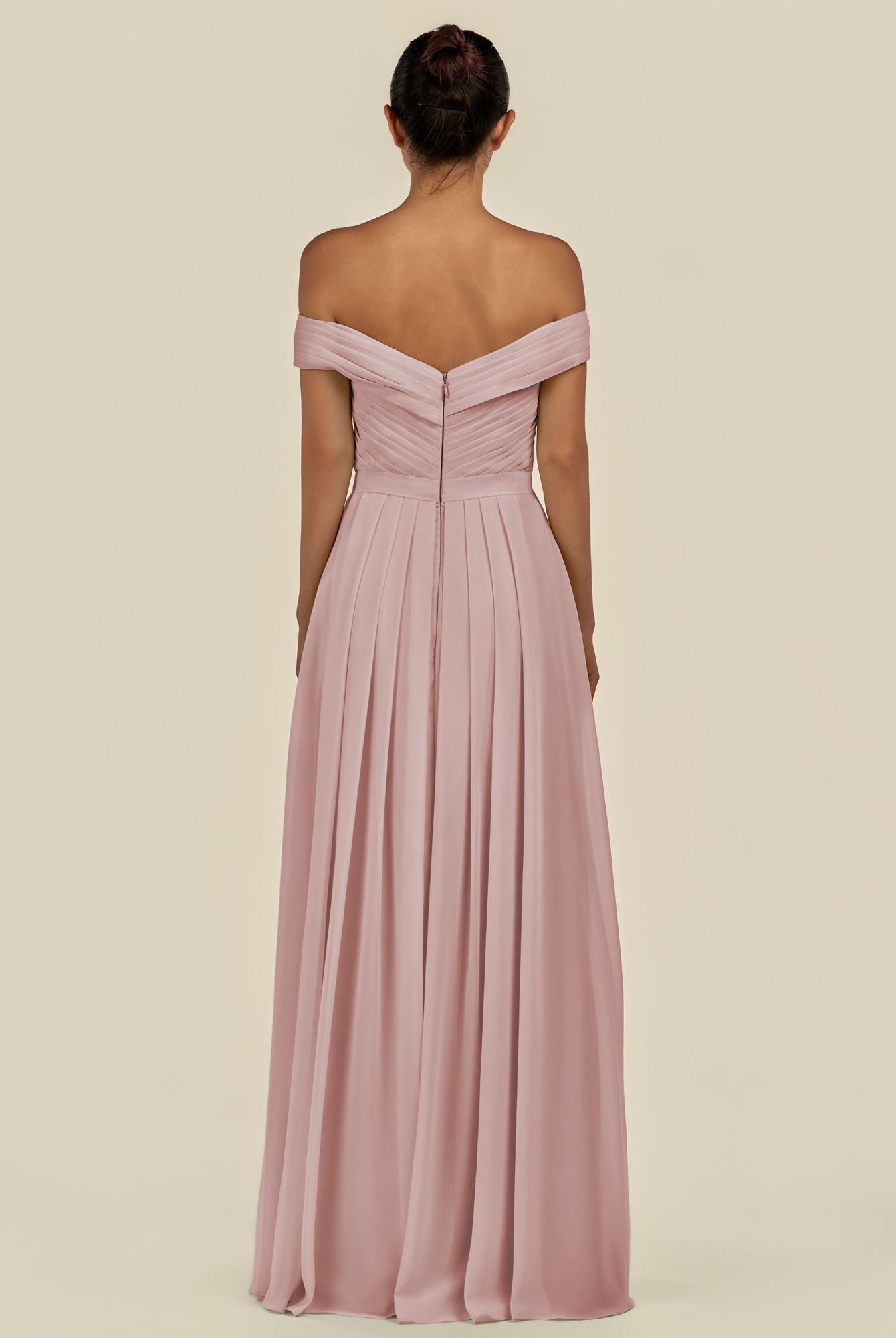 KissDress-Lurina Dusty Rose A Line Chiffon Off the Shoulder Pleated Long Bridesmaid Dress with Slit