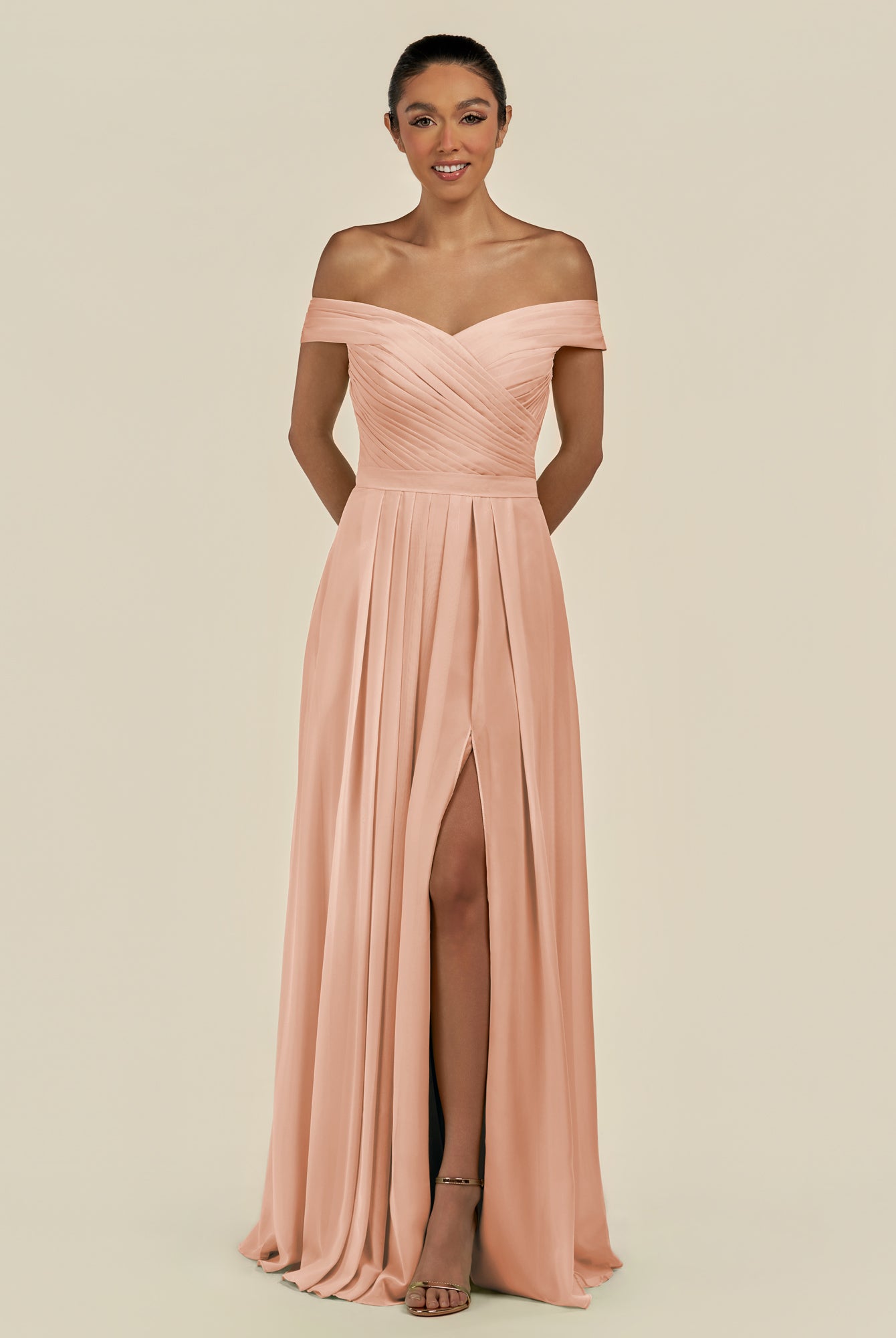 KissDress-Lurina English Rose A Line Chiffon Off the Shoulder Pleated Long Bridesmaid Dress with Slit