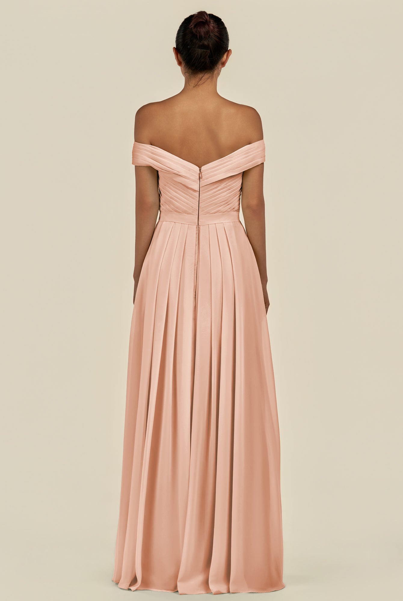 KissDress-Lurina English Rose A Line Chiffon Off the Shoulder Pleated Long Bridesmaid Dress with Slit