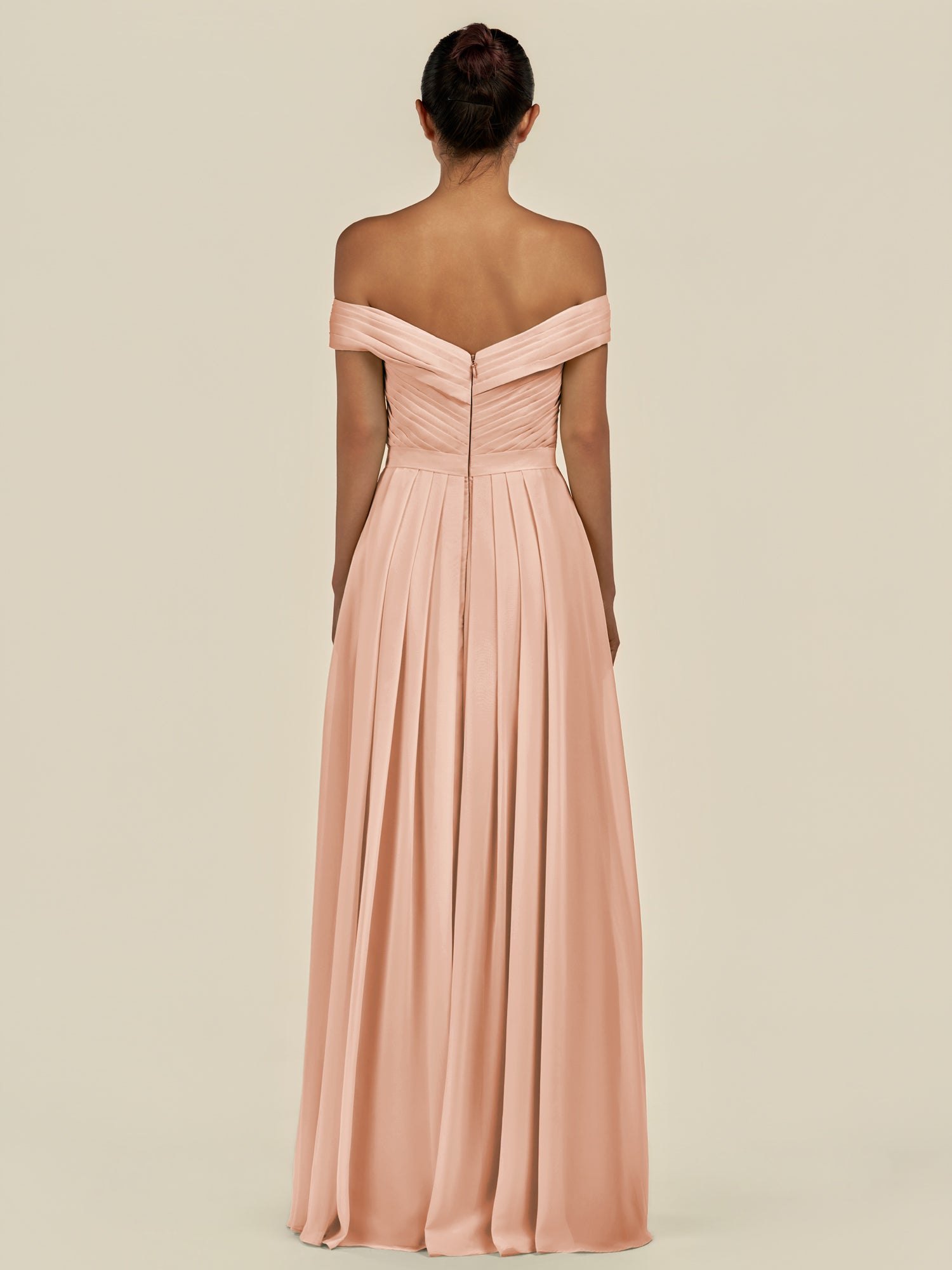 KissDress-Lurina English Rose A Line Chiffon Off the Shoulder Pleated Long Bridesmaid Dress with Slit