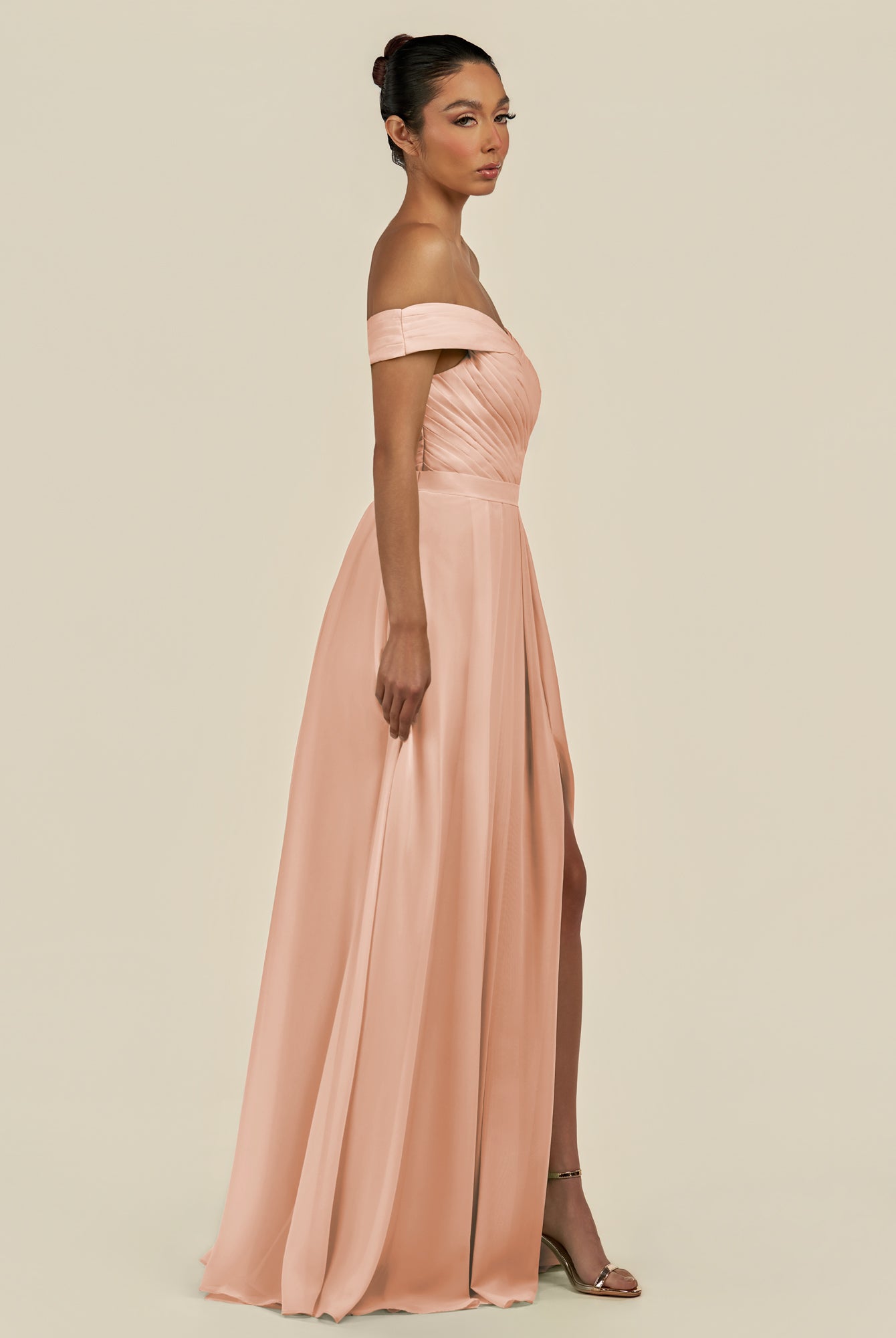 KissDress-Lurina English Rose A Line Chiffon Off the Shoulder Pleated Long Bridesmaid Dress with Slit
