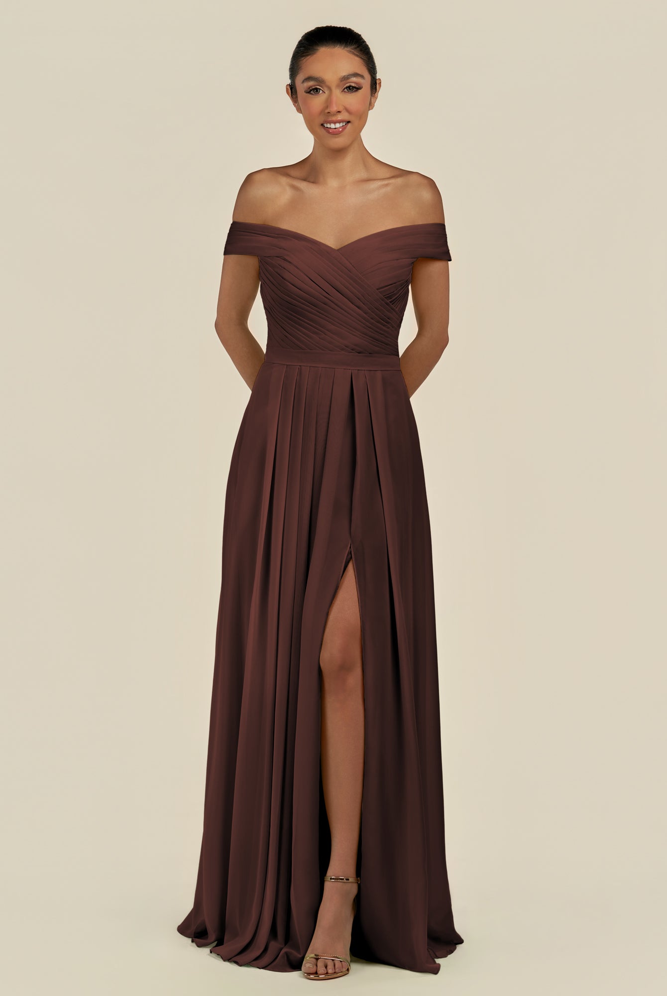 KissDress-Lurina Espresso A Line Chiffon Off the Shoulder Pleated Long Bridesmaid Dress with Slit
