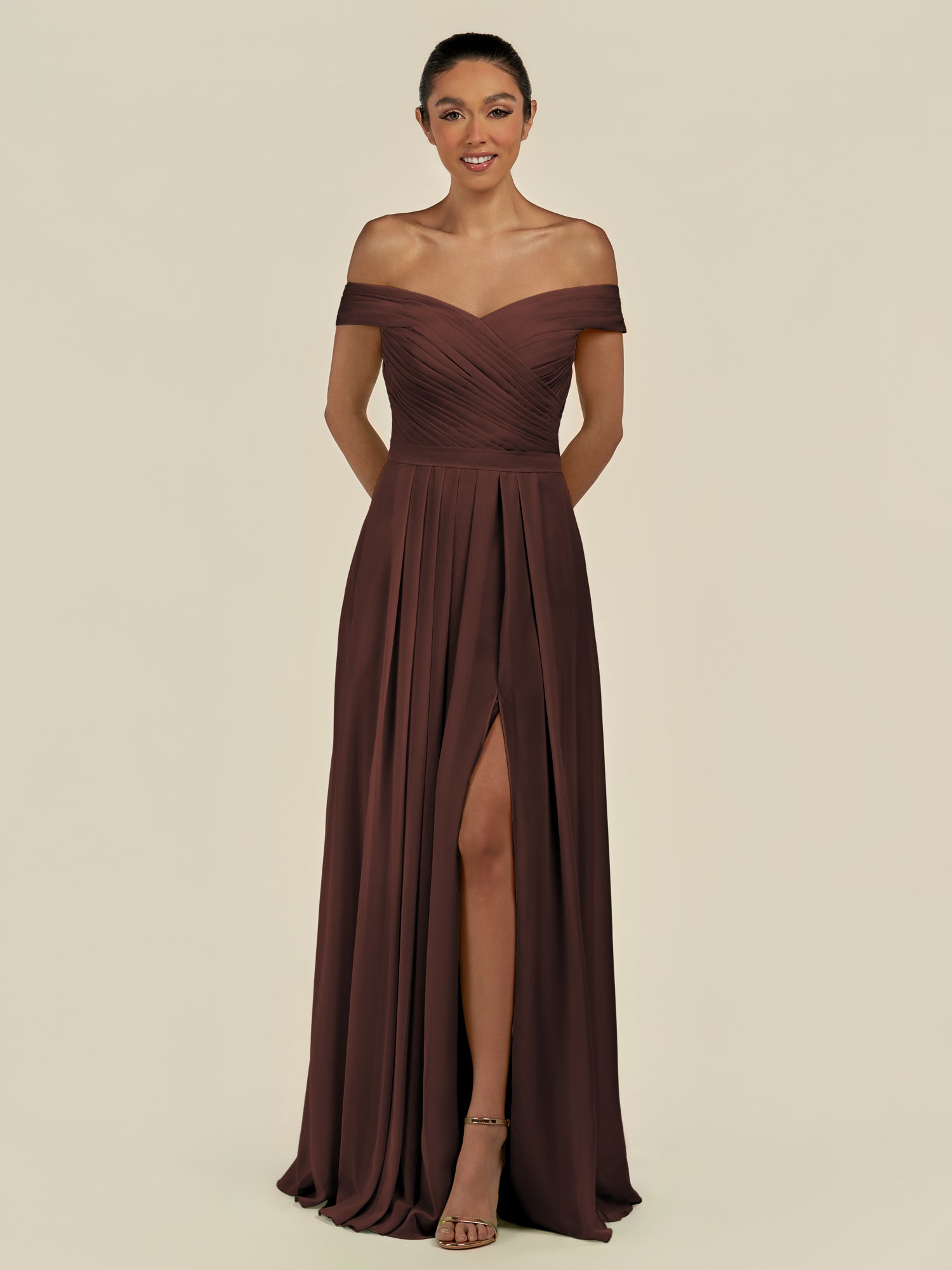 KissDress-Lurina Espresso A Line Chiffon Off the Shoulder Pleated Long Bridesmaid Dress with Slit