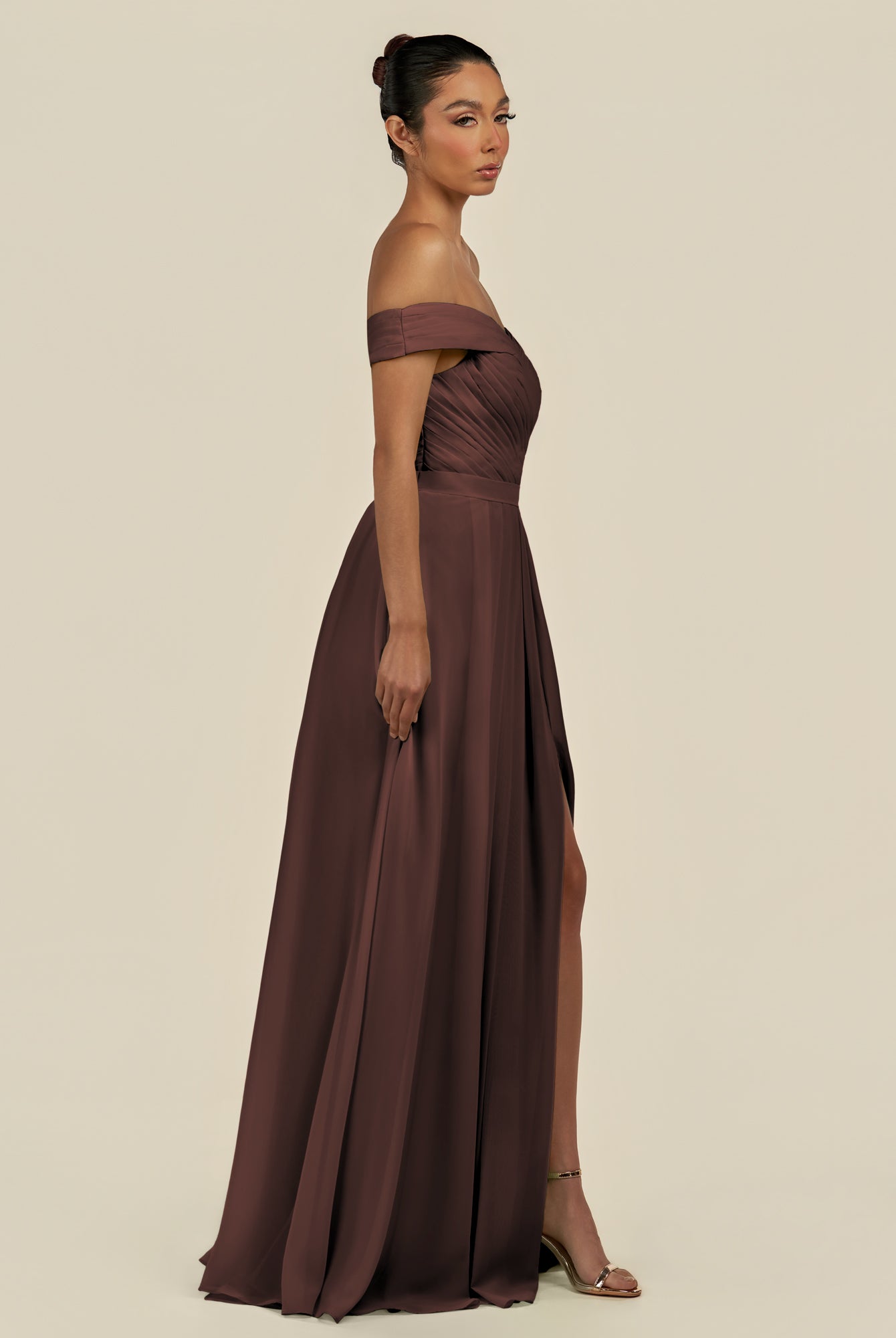 KissDress-Lurina Espresso A Line Chiffon Off the Shoulder Pleated Long Bridesmaid Dress with Slit