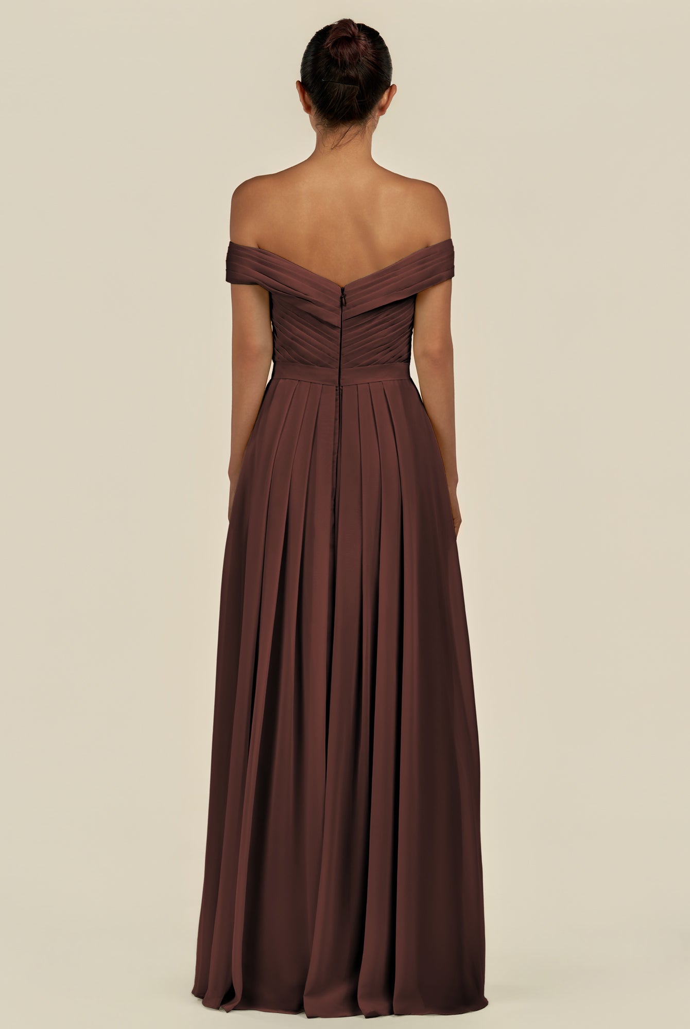 KissDress-Lurina Espresso A Line Chiffon Off the Shoulder Pleated Long Bridesmaid Dress with Slit