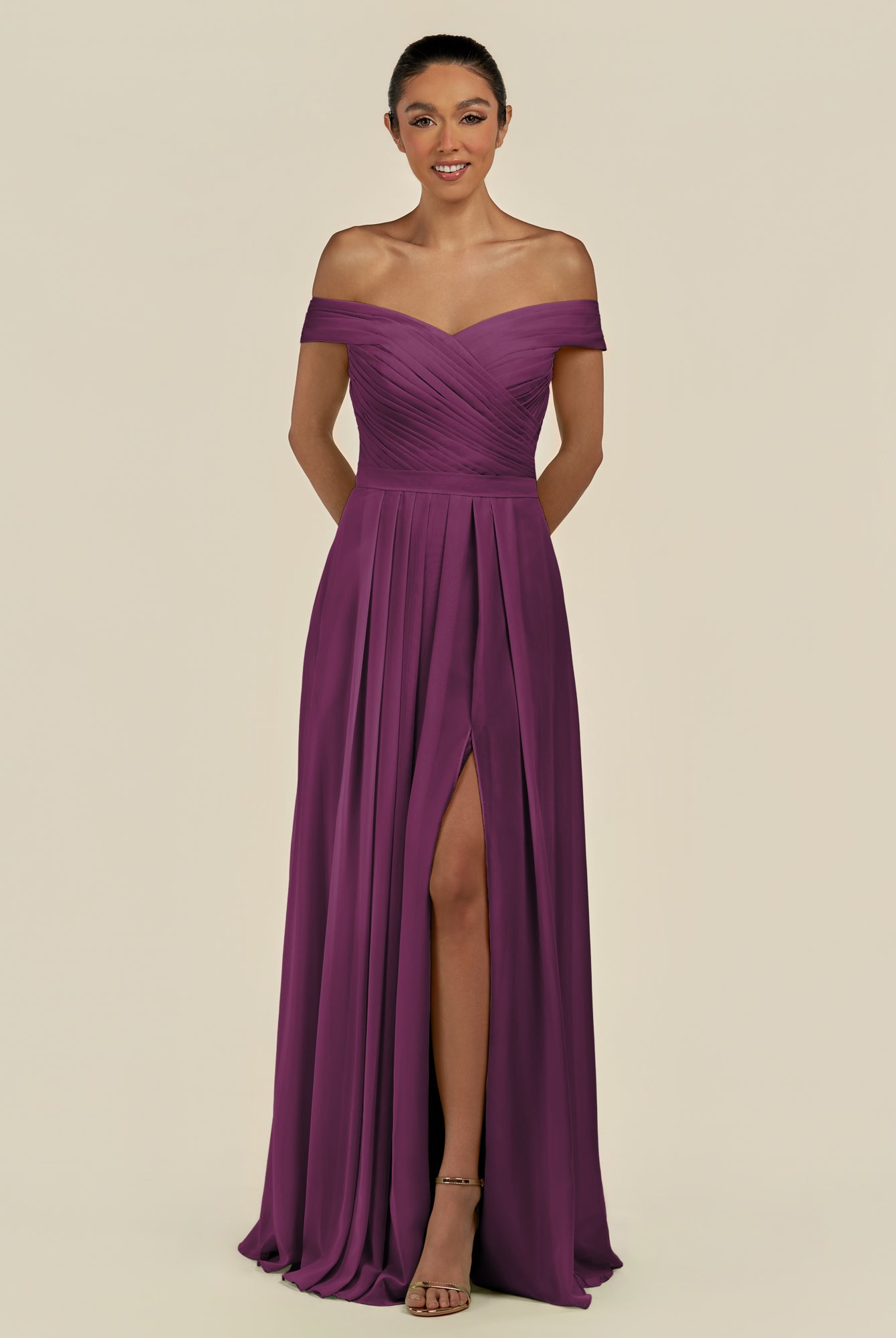 KissDress-Lurina Fig A Line Chiffon Off the Shoulder Pleated Long Bridesmaid Dress with Slit