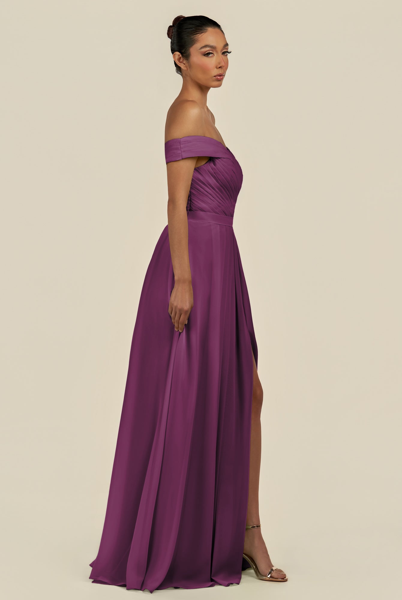 KissDress-Lurina Fig A Line Chiffon Off the Shoulder Pleated Long Bridesmaid Dress with Slit
