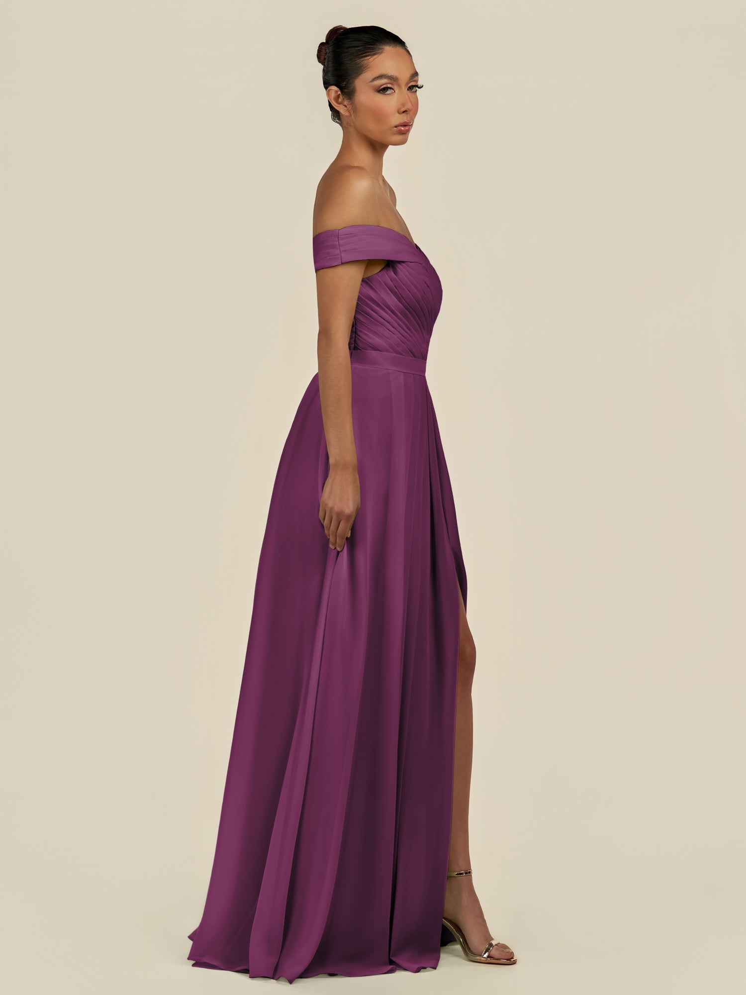 KissDress-Lurina Fig A Line Chiffon Off the Shoulder Pleated Long Bridesmaid Dress with Slit