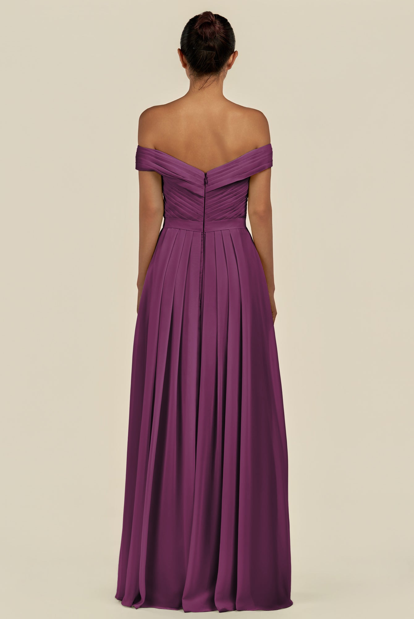 KissDress-Lurina Fig A Line Chiffon Off the Shoulder Pleated Long Bridesmaid Dress with Slit