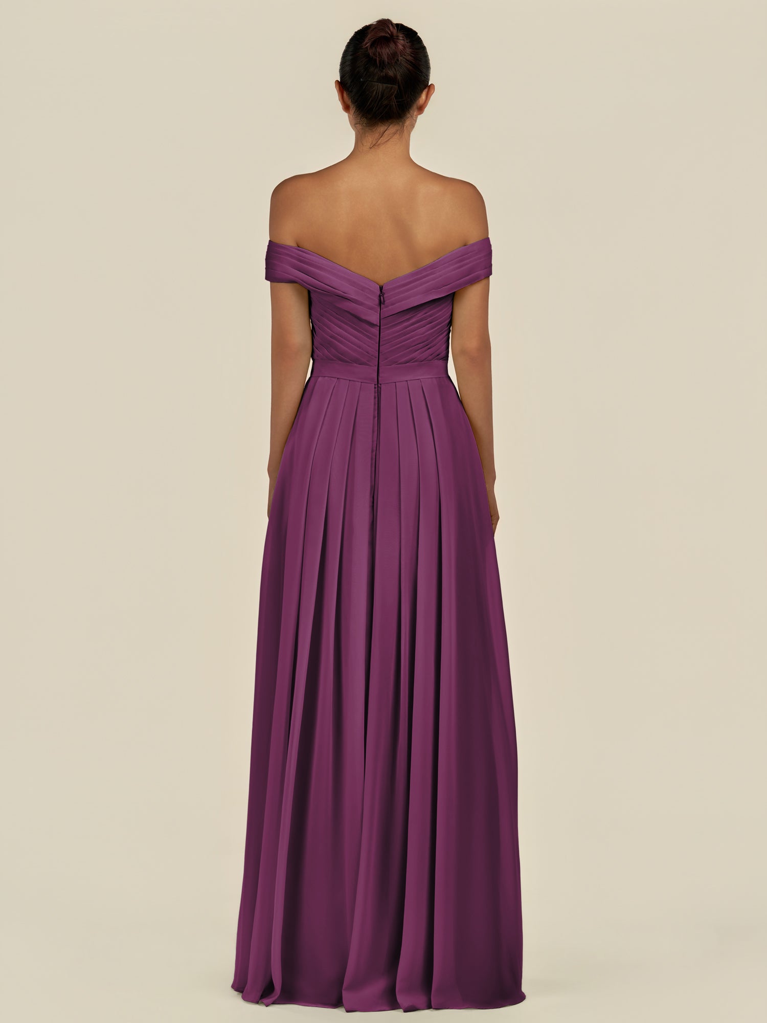 KissDress-Lurina Fig A Line Chiffon Off the Shoulder Pleated Long Bridesmaid Dress with Slit