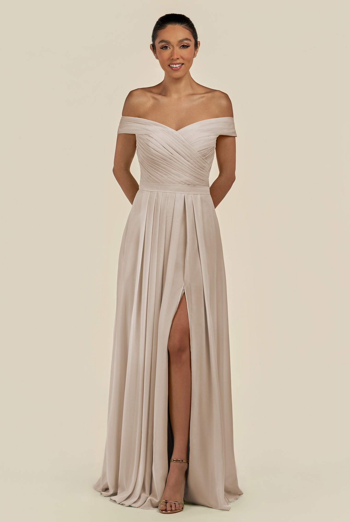 KissDress-Lurina Frost A Line Chiffon Off the Shoulder Pleated Long Bridesmaid Dress with Slit