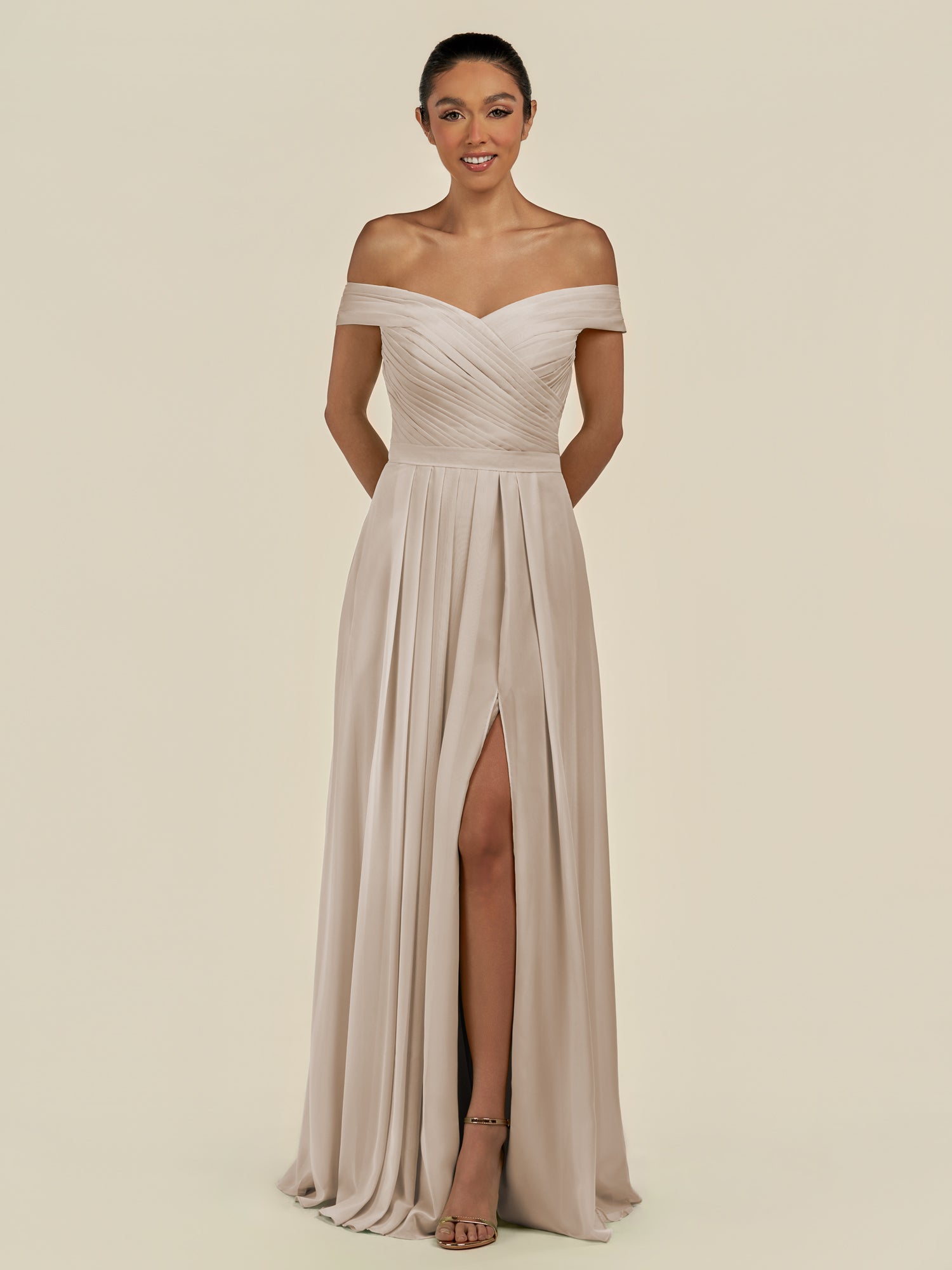 KissDress-Lurina Frost A Line Chiffon Off the Shoulder Pleated Long Bridesmaid Dress with Slit