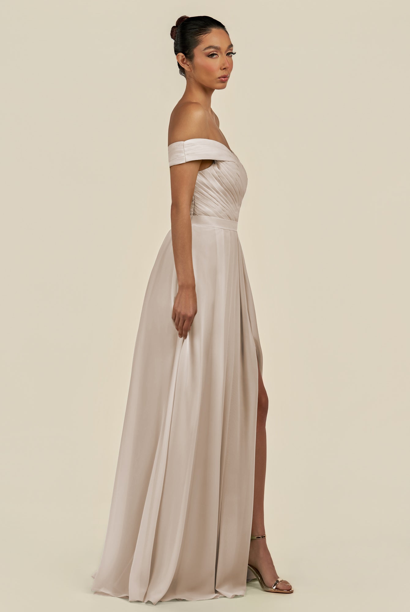 KissDress-Lurina Frost A Line Chiffon Off the Shoulder Pleated Long Bridesmaid Dress with Slit