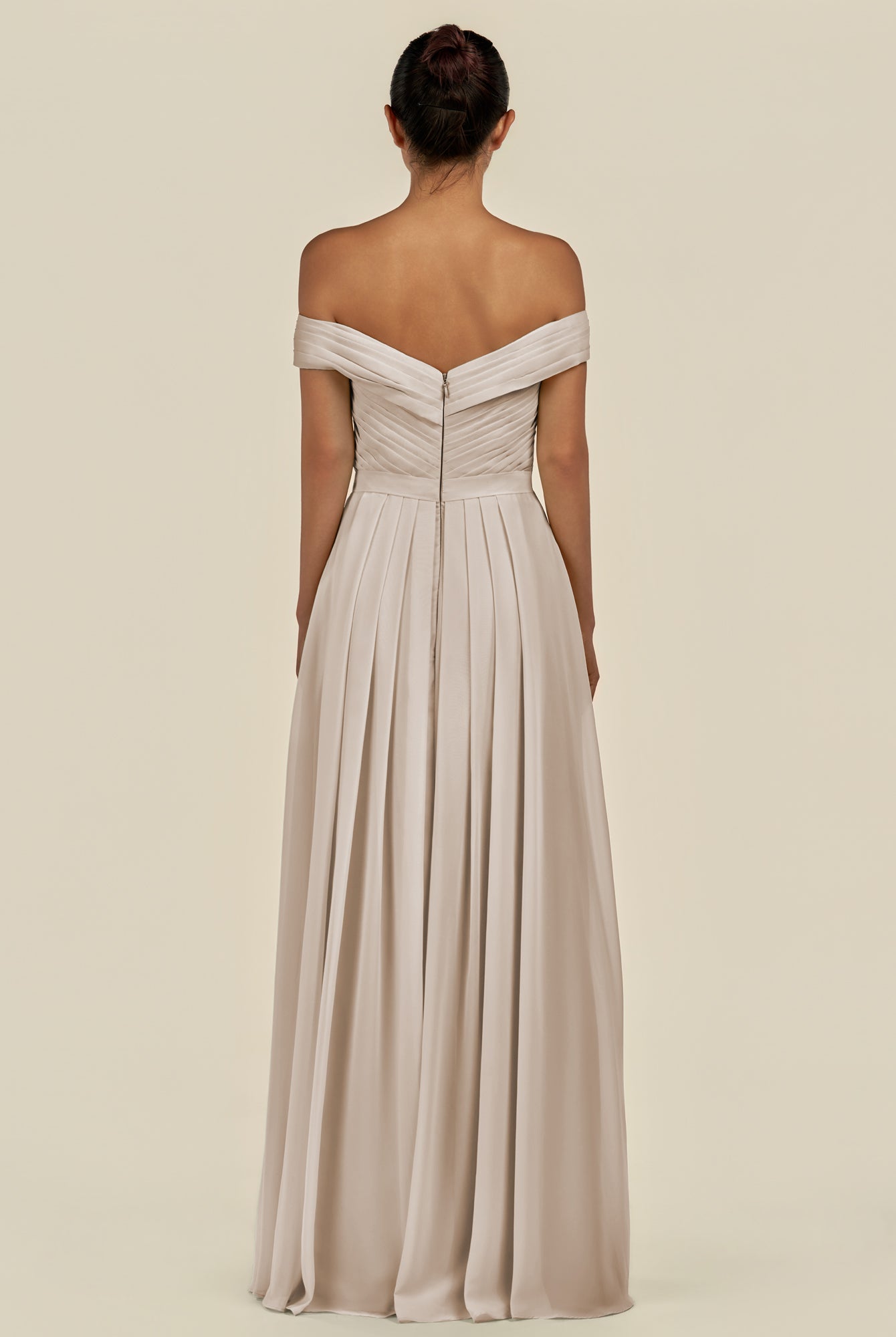 KissDress-Lurina Frost A Line Chiffon Off the Shoulder Pleated Long Bridesmaid Dress with Slit