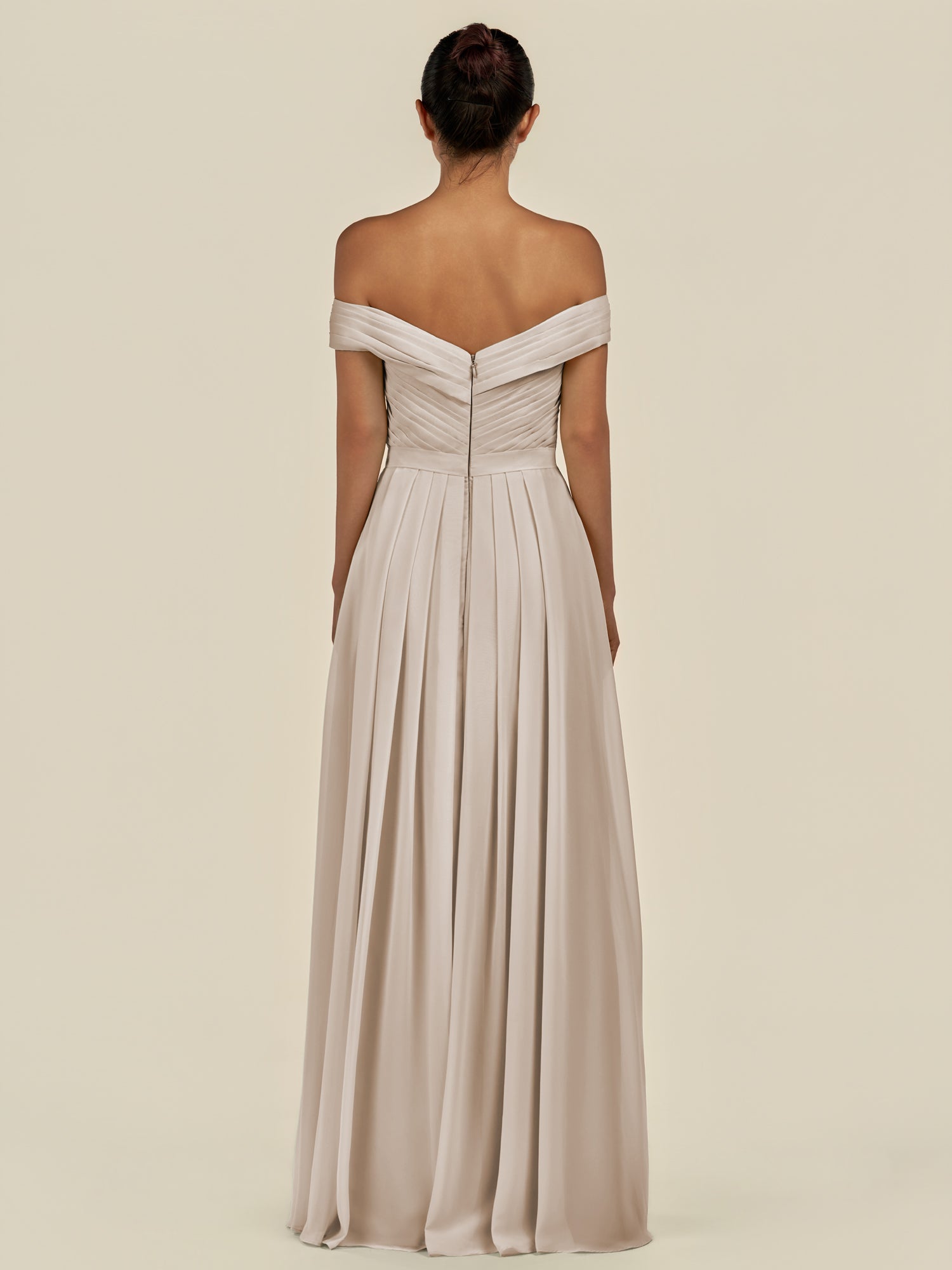 KissDress-Lurina Frost A Line Chiffon Off the Shoulder Pleated Long Bridesmaid Dress with Slit