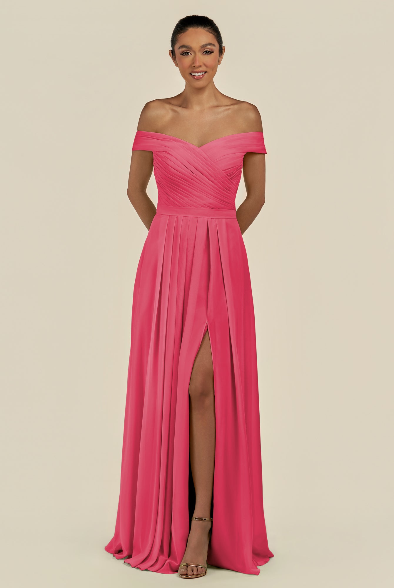 KissDress-Lurina Fuchsia A Line Chiffon Off the Shoulder Pleated Long Bridesmaid Dress with Slit