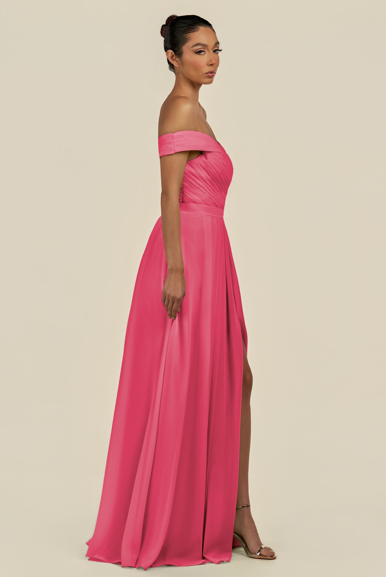 KissDress-Lurina Fuchsia A Line Chiffon Off the Shoulder Pleated Long Bridesmaid Dress with Slit