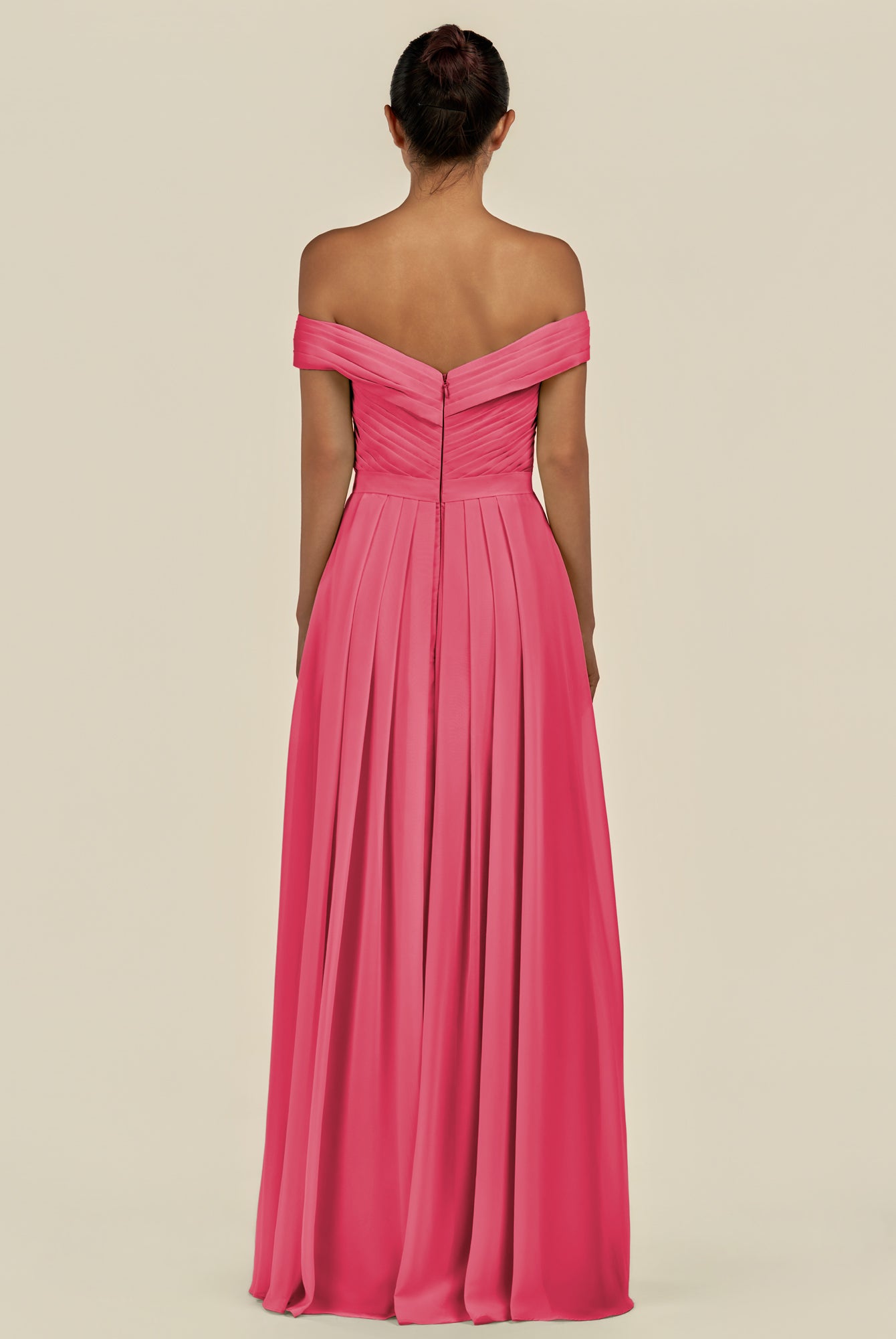 KissDress-Lurina Fuchsia A Line Chiffon Off the Shoulder Pleated Long Bridesmaid Dress with Slit