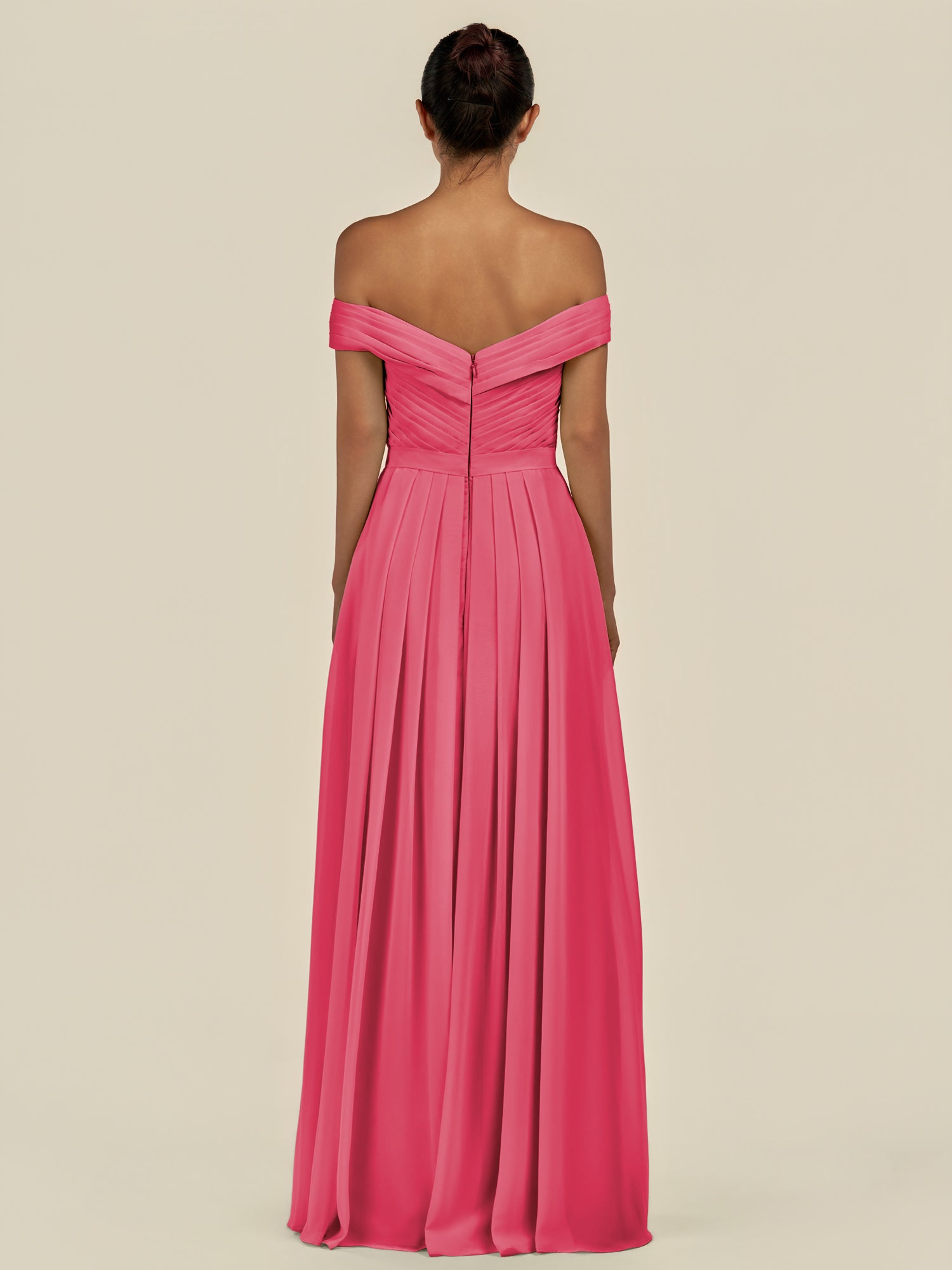 KissDress-Lurina Fuchsia A Line Chiffon Off the Shoulder Pleated Long Bridesmaid Dress with Slit