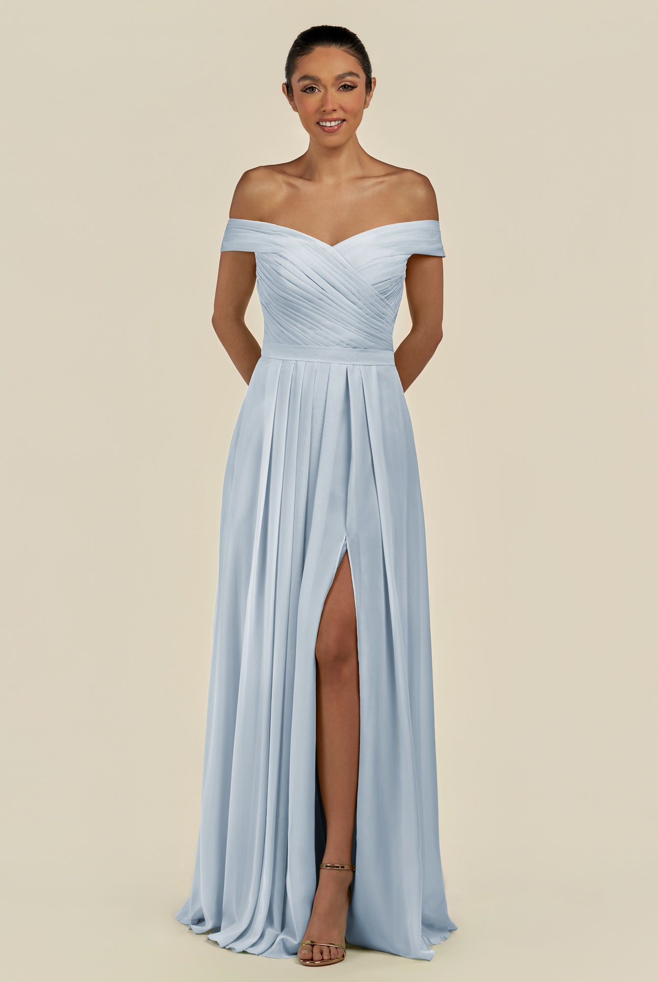 KissDress-Lurina Ice A Line Chiffon Off the Shoulder Pleated Long Bridesmaid Dress with Slit