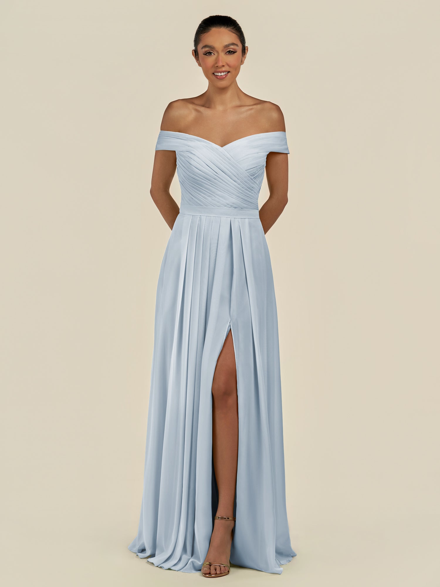KissDress-Lurina Ice A Line Chiffon Off the Shoulder Pleated Long Bridesmaid Dress with Slit