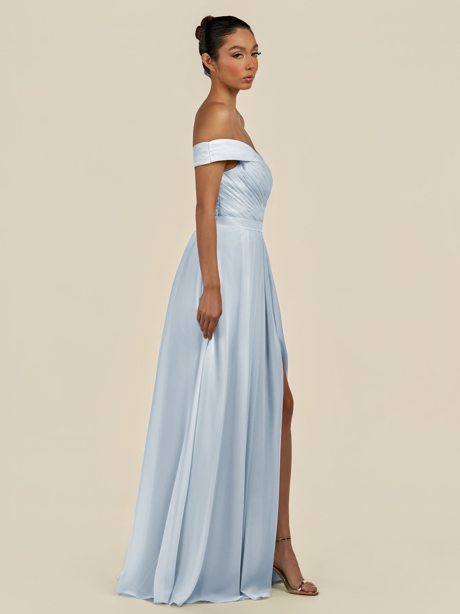 KissDress-Lurina Ice A Line Chiffon Off the Shoulder Pleated Long Bridesmaid Dress with Slit