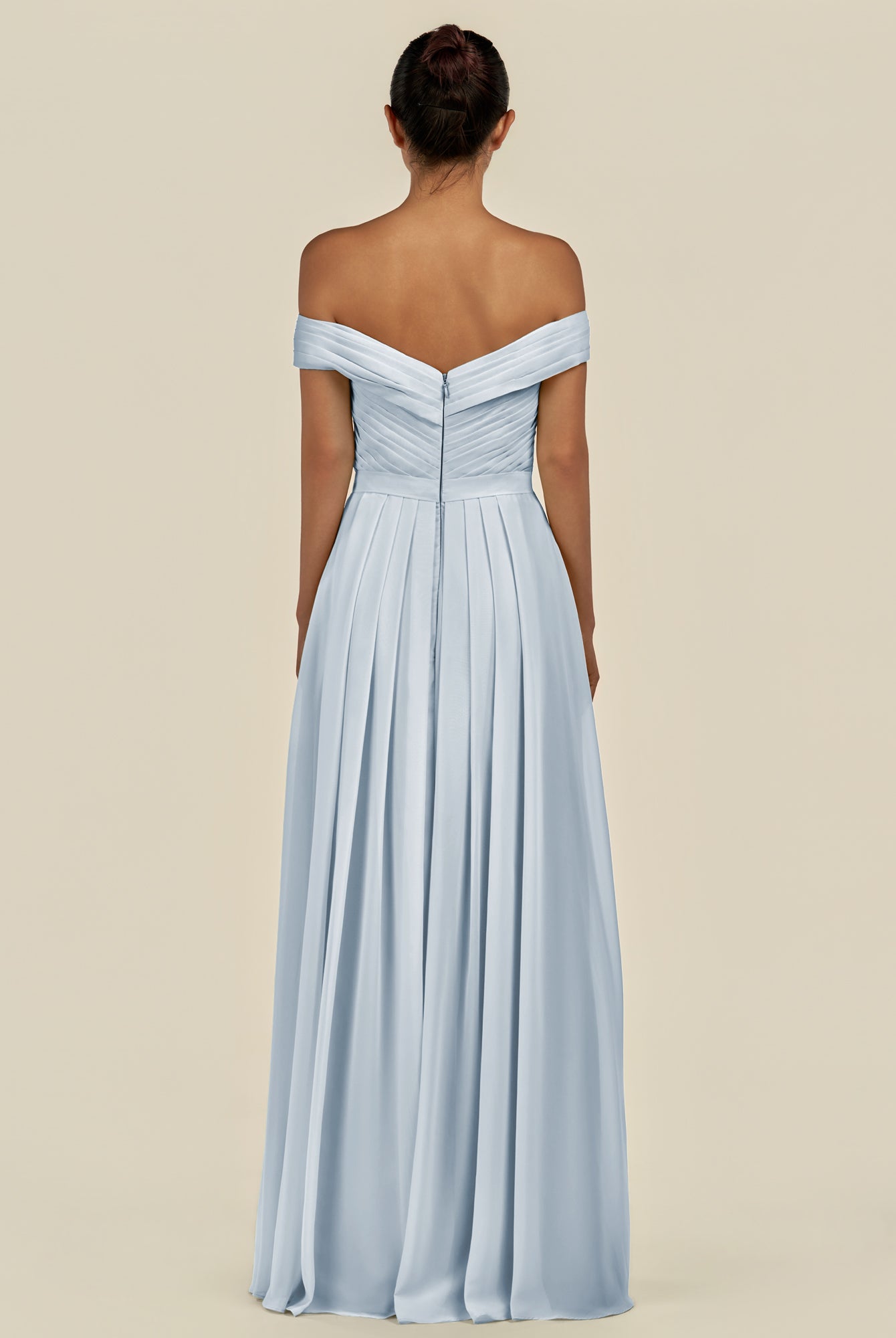 KissDress-Lurina Ice A Line Chiffon Off the Shoulder Pleated Long Bridesmaid Dress with Slit