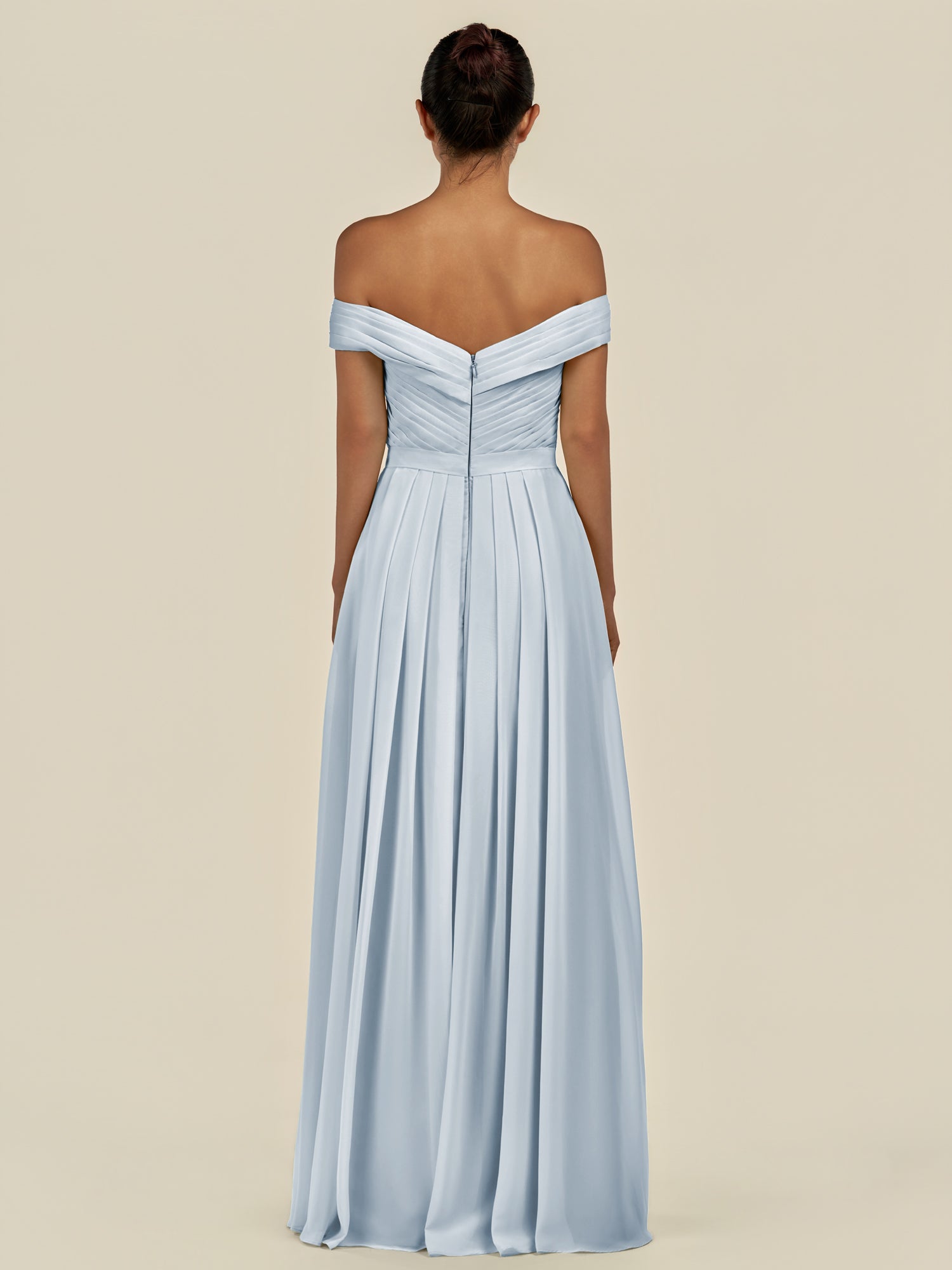 KissDress-Lurina Ice A Line Chiffon Off the Shoulder Pleated Long Bridesmaid Dress with Slit