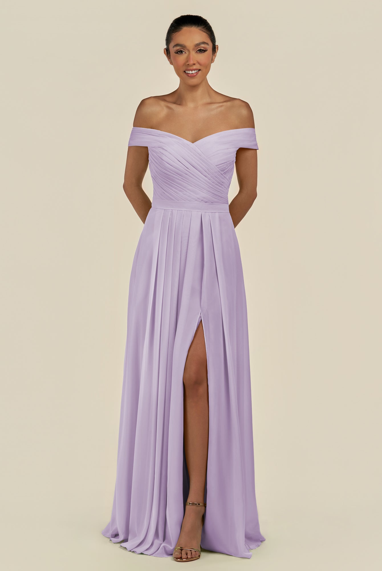 KissDress-Lurina Lavender A Line Chiffon Off the Shoulder Pleated Long Bridesmaid Dress with Slit