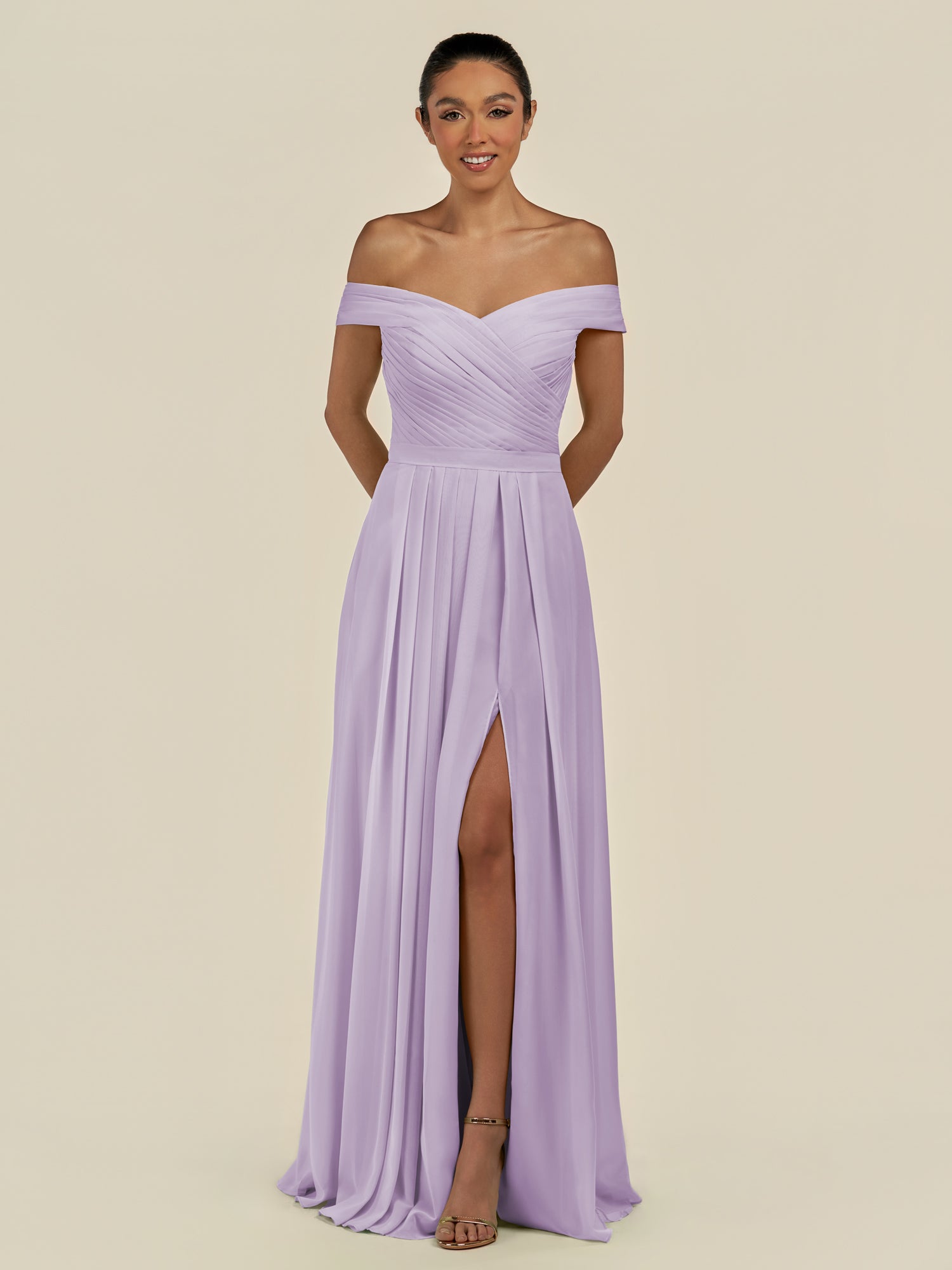KissDress-Lurina Lavender A Line Chiffon Off the Shoulder Pleated Long Bridesmaid Dress with Slit