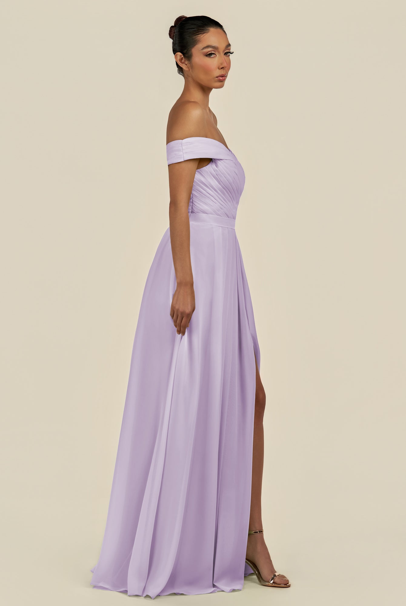 KissDress-Lurina Lavender A Line Chiffon Off the Shoulder Pleated Long Bridesmaid Dress with Slit