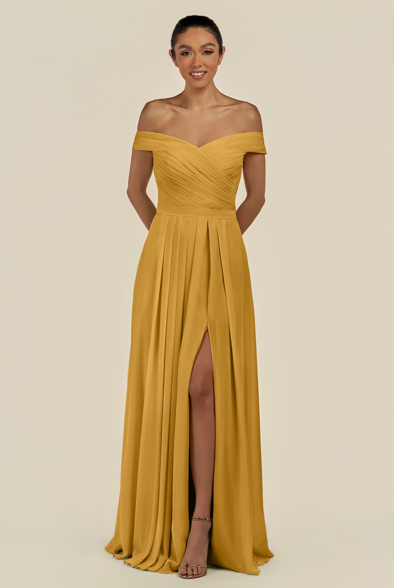 KissDress-Lurina Marigold A Line Chiffon Off the Shoulder Pleated Long Bridesmaid Dress with Slit