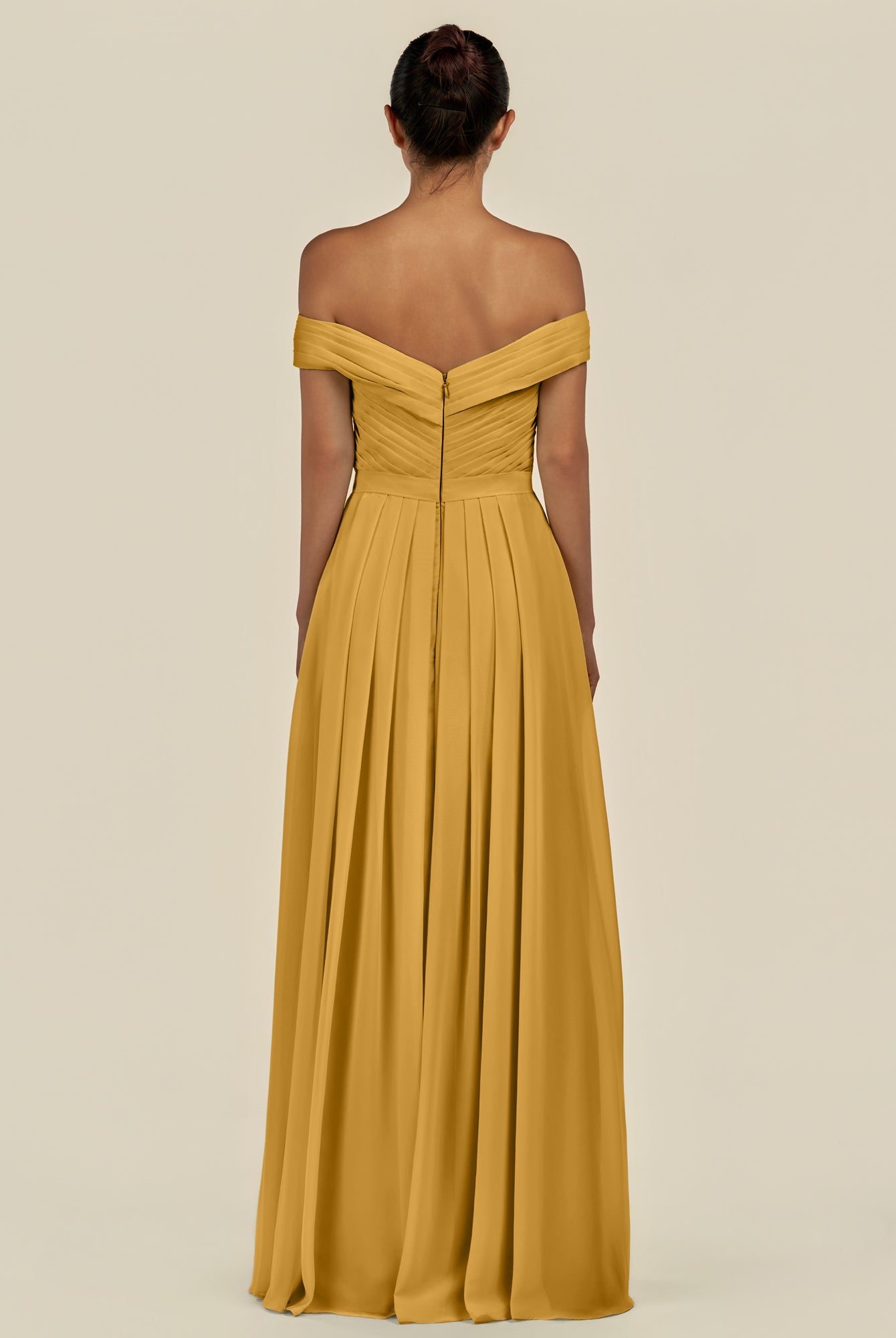 KissDress-Lurina Marigold A Line Chiffon Off the Shoulder Pleated Long Bridesmaid Dress with Slit