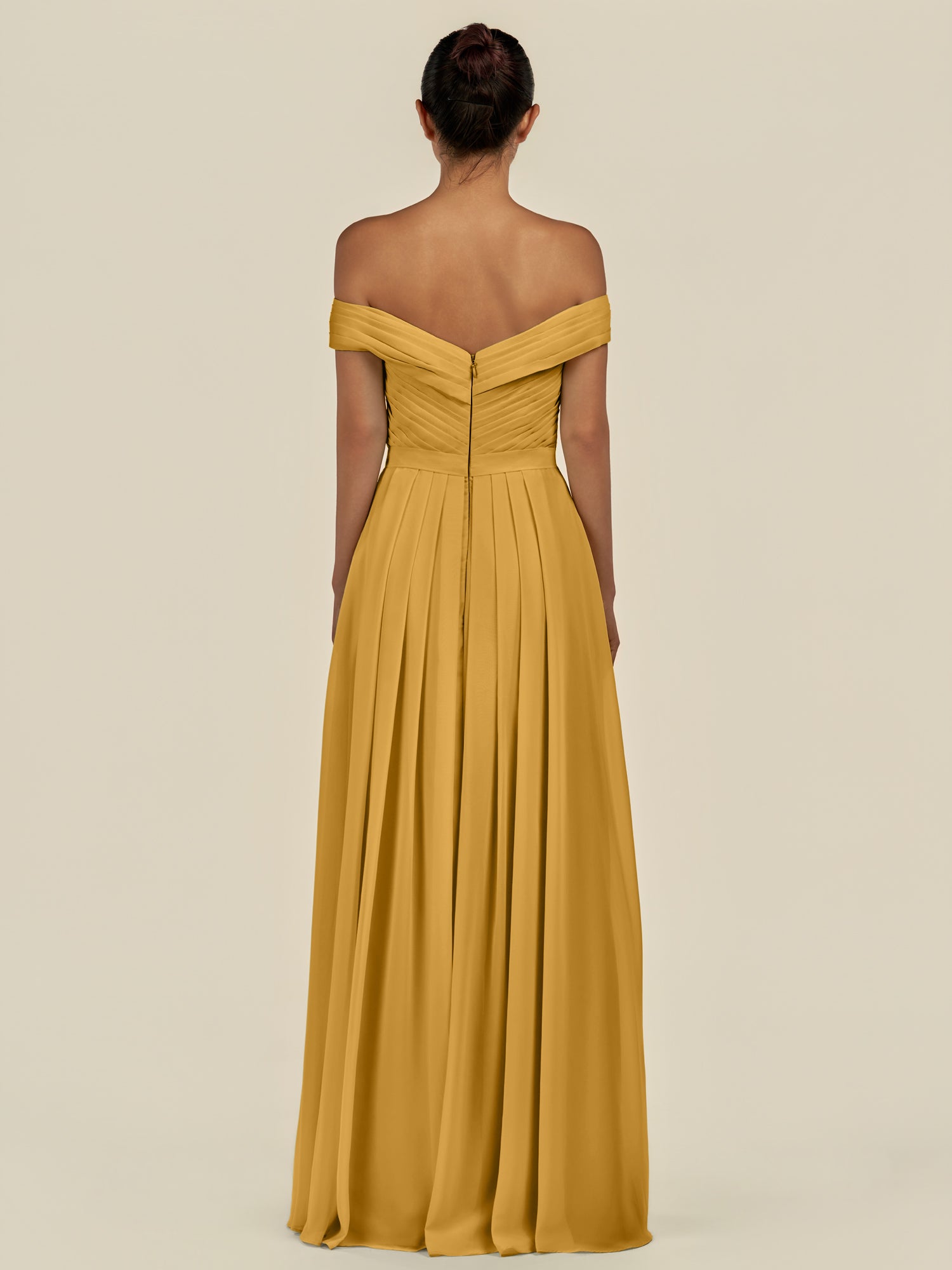 KissDress-Lurina Marigold A Line Chiffon Off the Shoulder Pleated Long Bridesmaid Dress with Slit