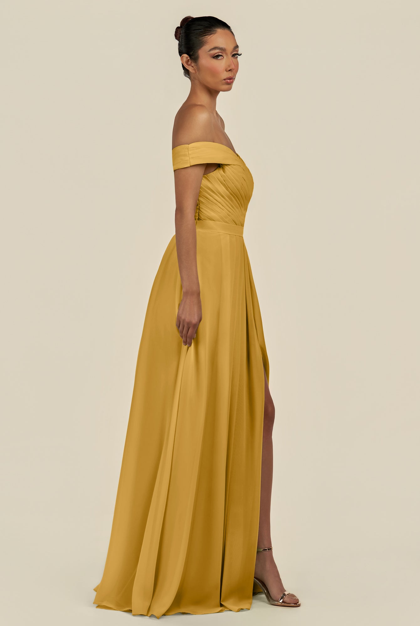 KissDress-Lurina Marigold A Line Chiffon Off the Shoulder Pleated Long Bridesmaid Dress with Slit