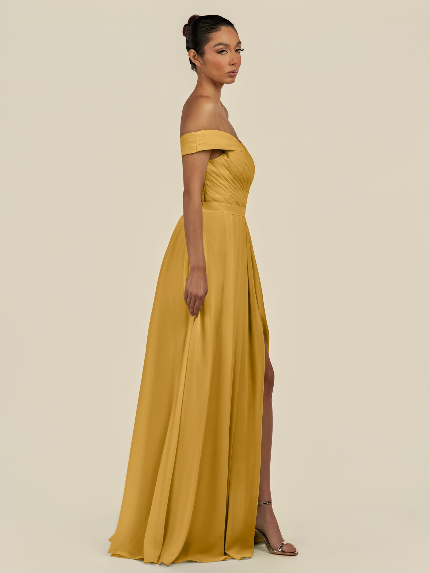 KissDress-Lurina Marigold A Line Chiffon Off the Shoulder Pleated Long Bridesmaid Dress with Slit