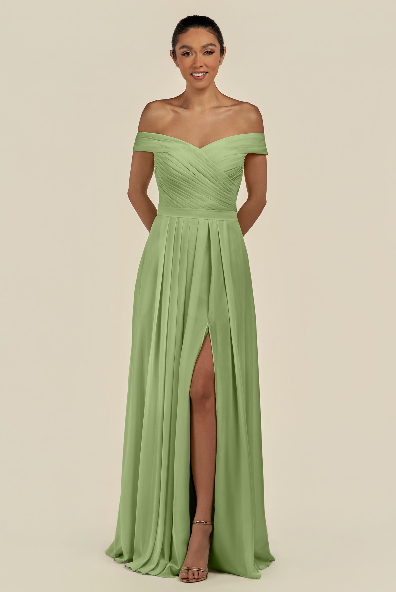 KissDress-Lurina Matcha A Line Chiffon Off the Shoulder Pleated Long Bridesmaid Dress with Slit